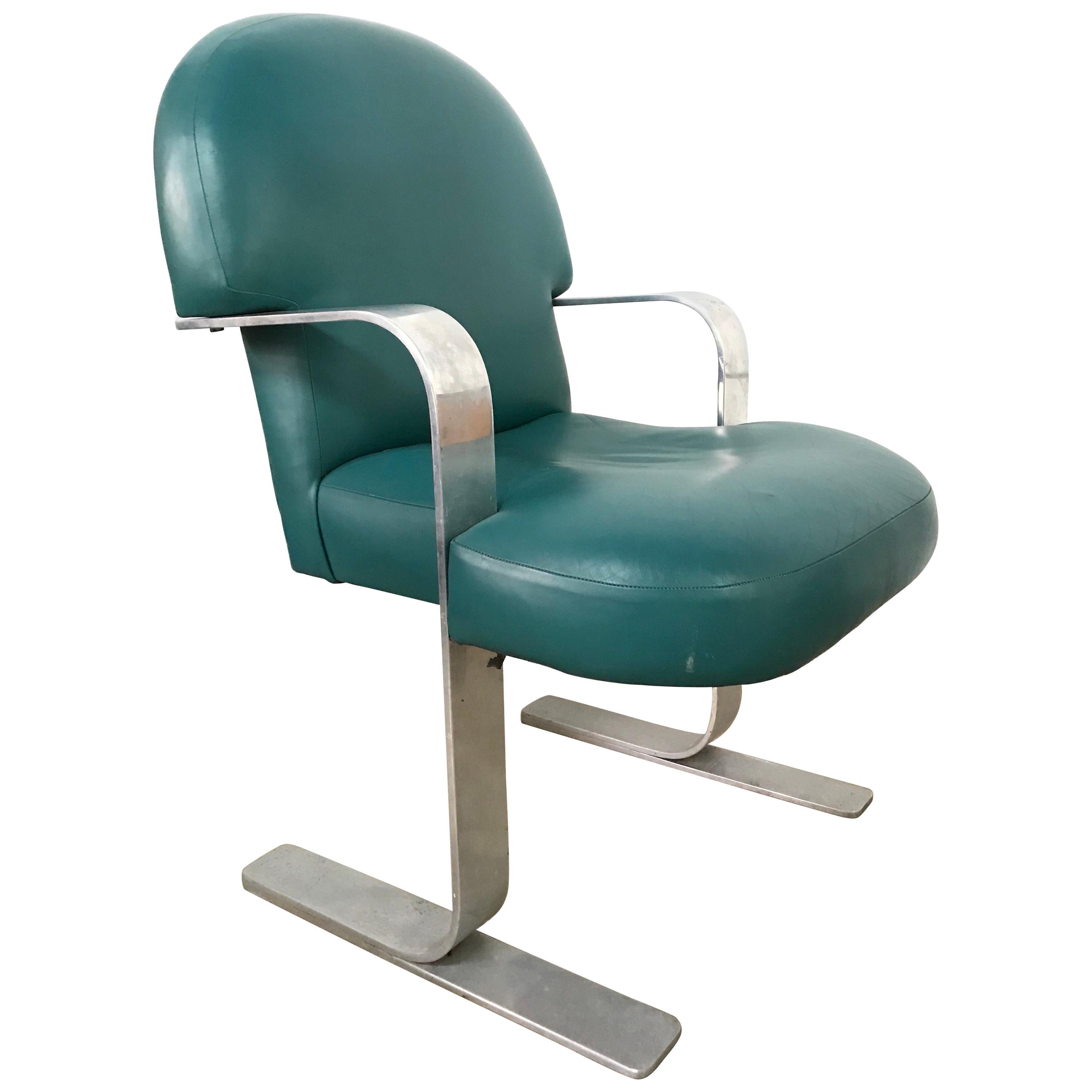 Postmodern Teal Green Leather and Aluminum Armchair