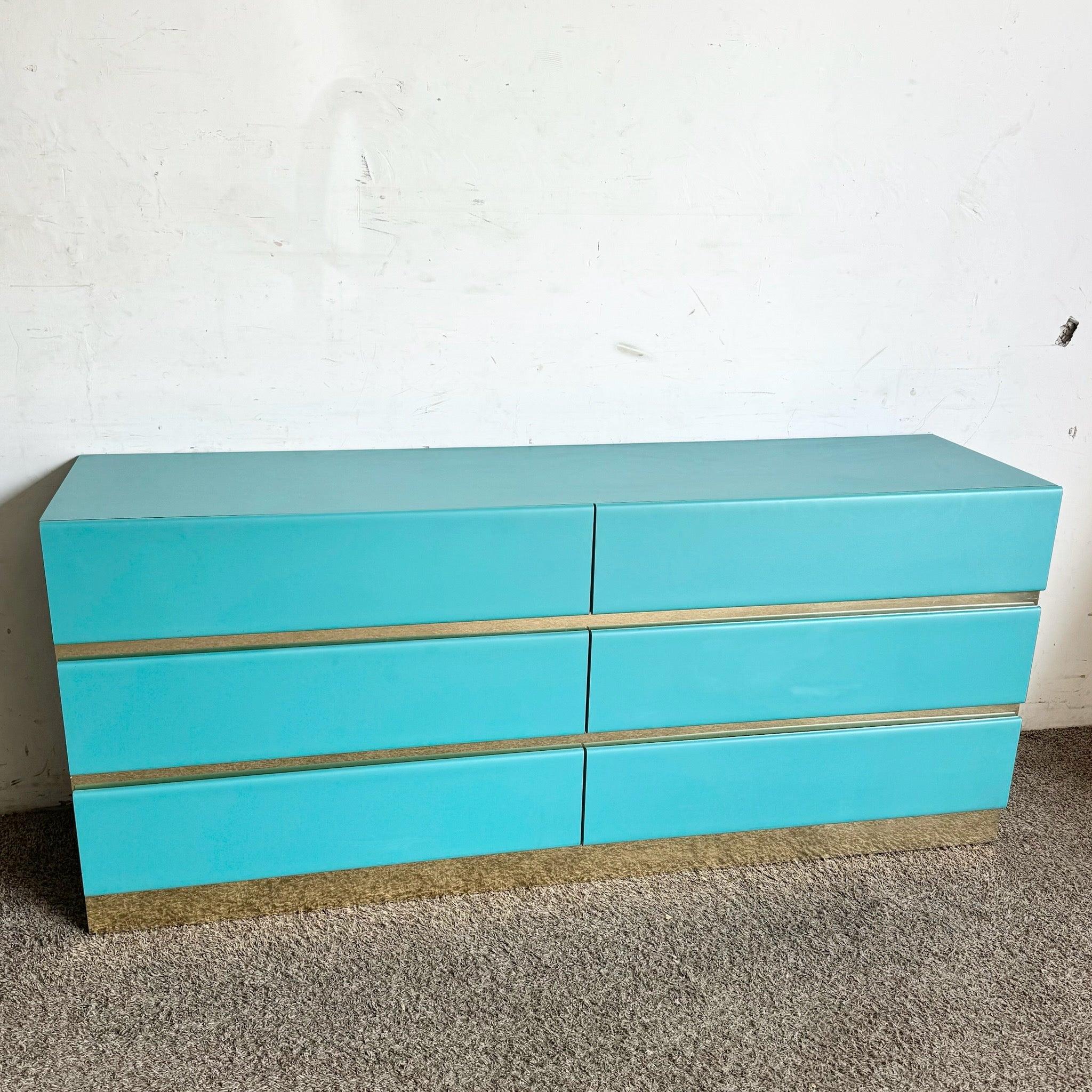 Postmoderne Kommode aus blauem Laminat mit goldenen Akzenten in Teal - 6 Schubladen (amerikanisch) im Angebot