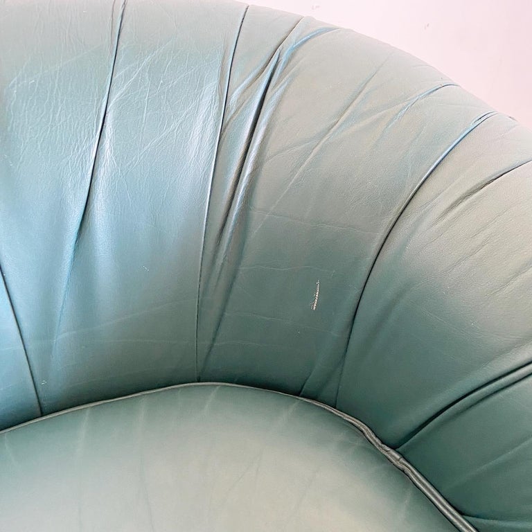 Postmodern Teal Leather Swivel Barrell Chair For Sale at 1stDibs