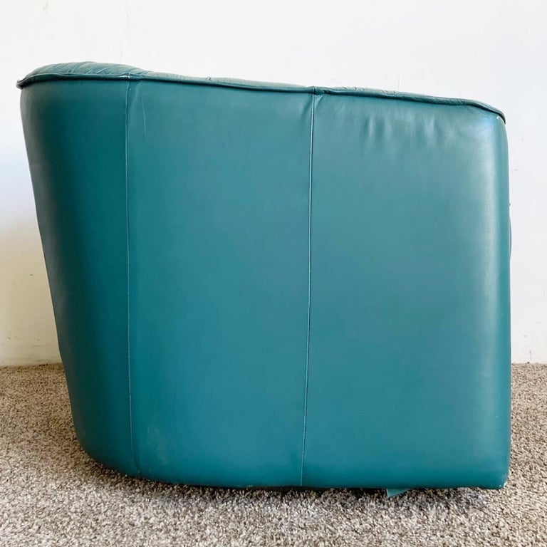 Postmodern Teal Leather Swivel Barrell Chair For Sale at 1stDibs