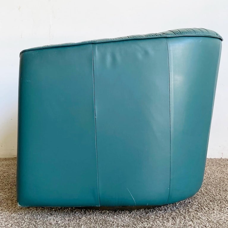 Postmodern Teal Leather Swivel Barrell Chair For Sale at 1stDibs
