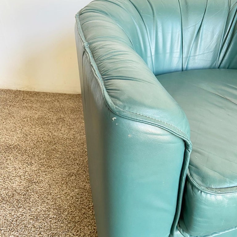 Postmodern Teal Leather Swivel Barrell Chair For Sale at 1stDibs