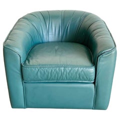 Postmodern Teal Leather Swivel Barrell Chair