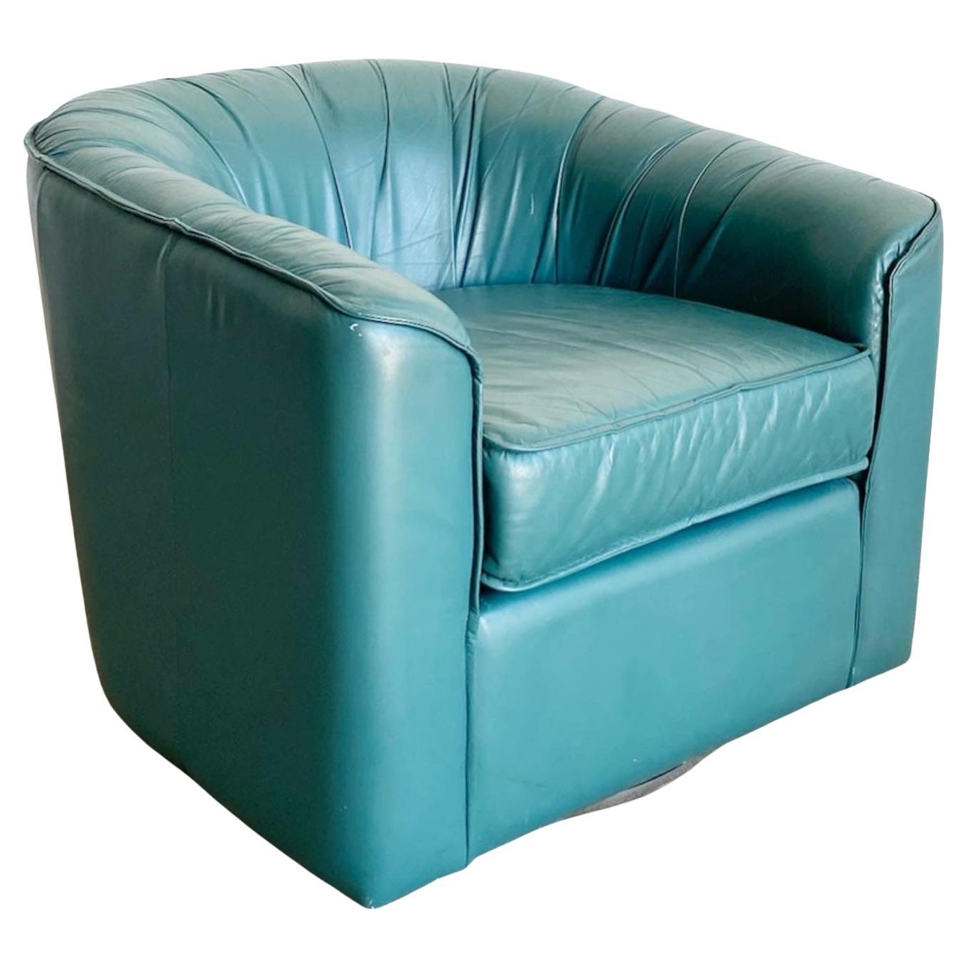 Postmodern Teal Leather Swivel Barrell Chair For Sale at 1stDibs | teal  leather swivel chair