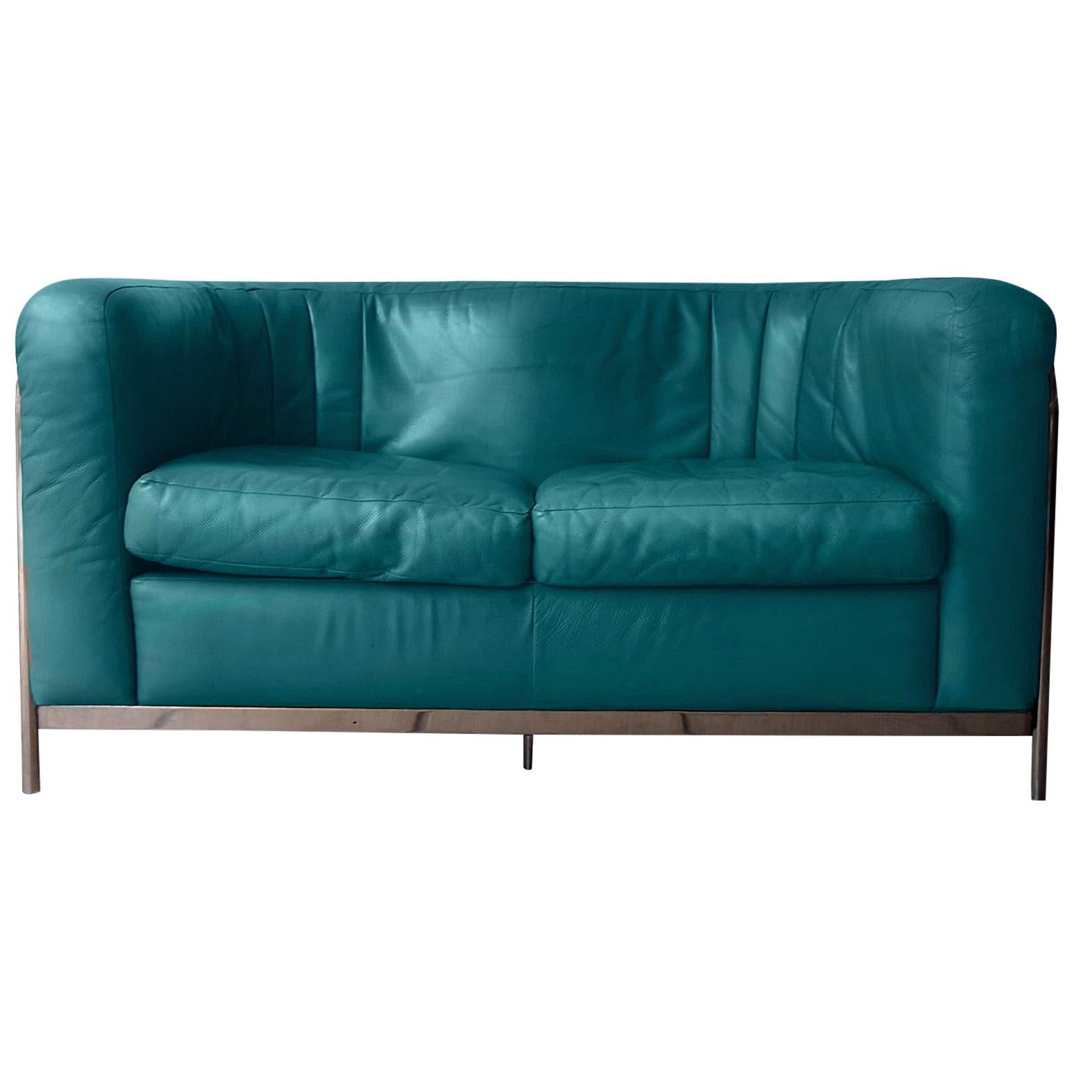 Postmodern Teal Leather Zanotta Onda Loveseat Sofa 1985 Italia Two Seat Sofa