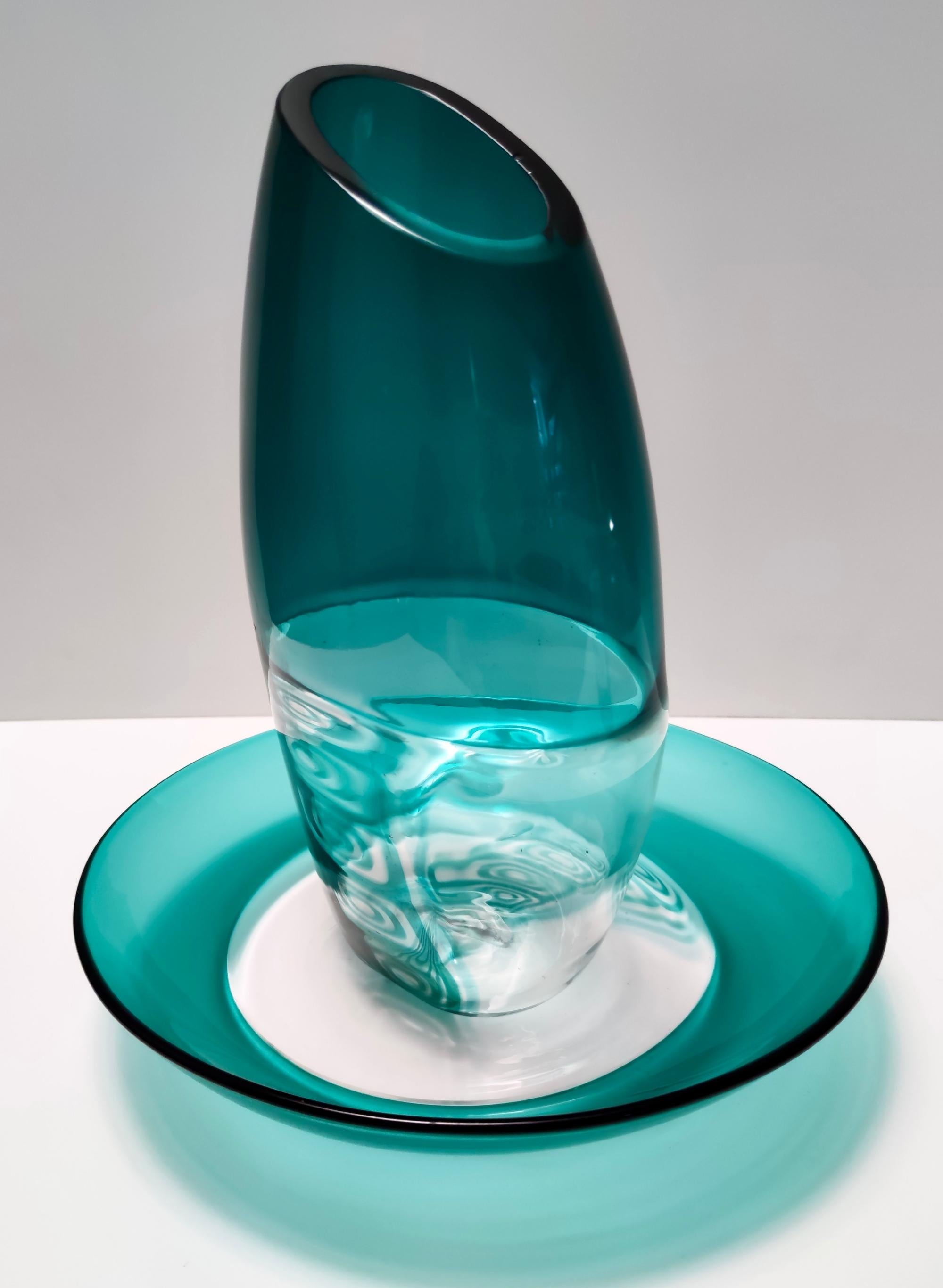 Italian Postmodern Teal Murano Glass Plate and Vase by La Murrina, Italy For Sale
