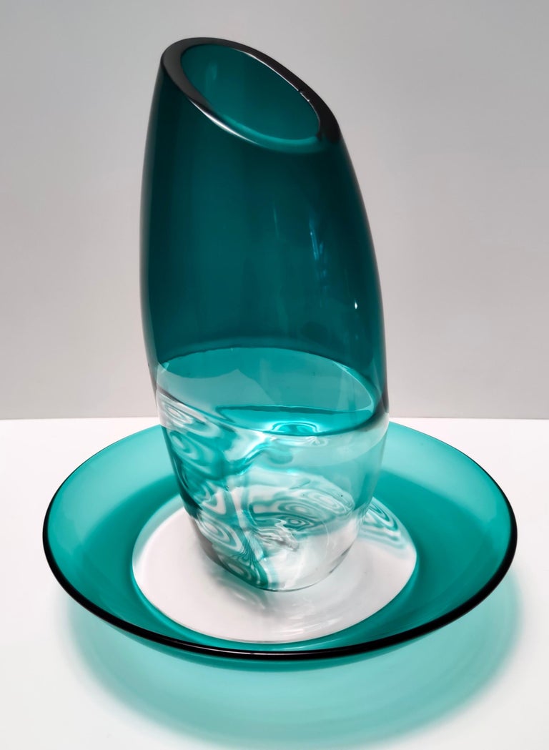 Postmodern Teal Murano Glass Plate and Vase by La Murrina, Italy For
