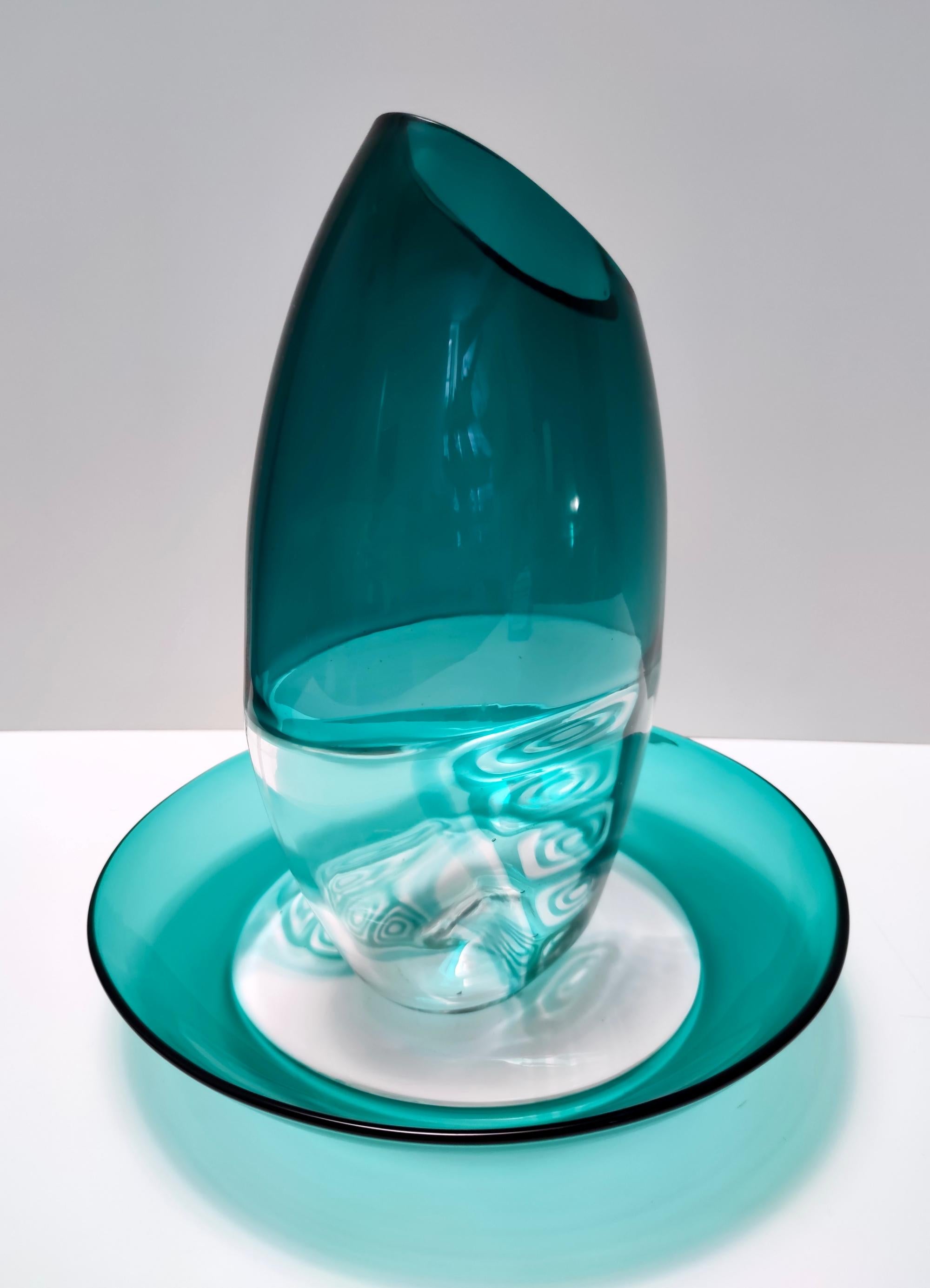Postmoderner Teal-Muranoglas-Teller und Vase von La Murrina, Italien (Ende des 20. Jahrhunderts) im Angebot