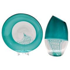 Plato y jarrón posmodernos de cristal de Murano verde azulado de La Murrina, Italia