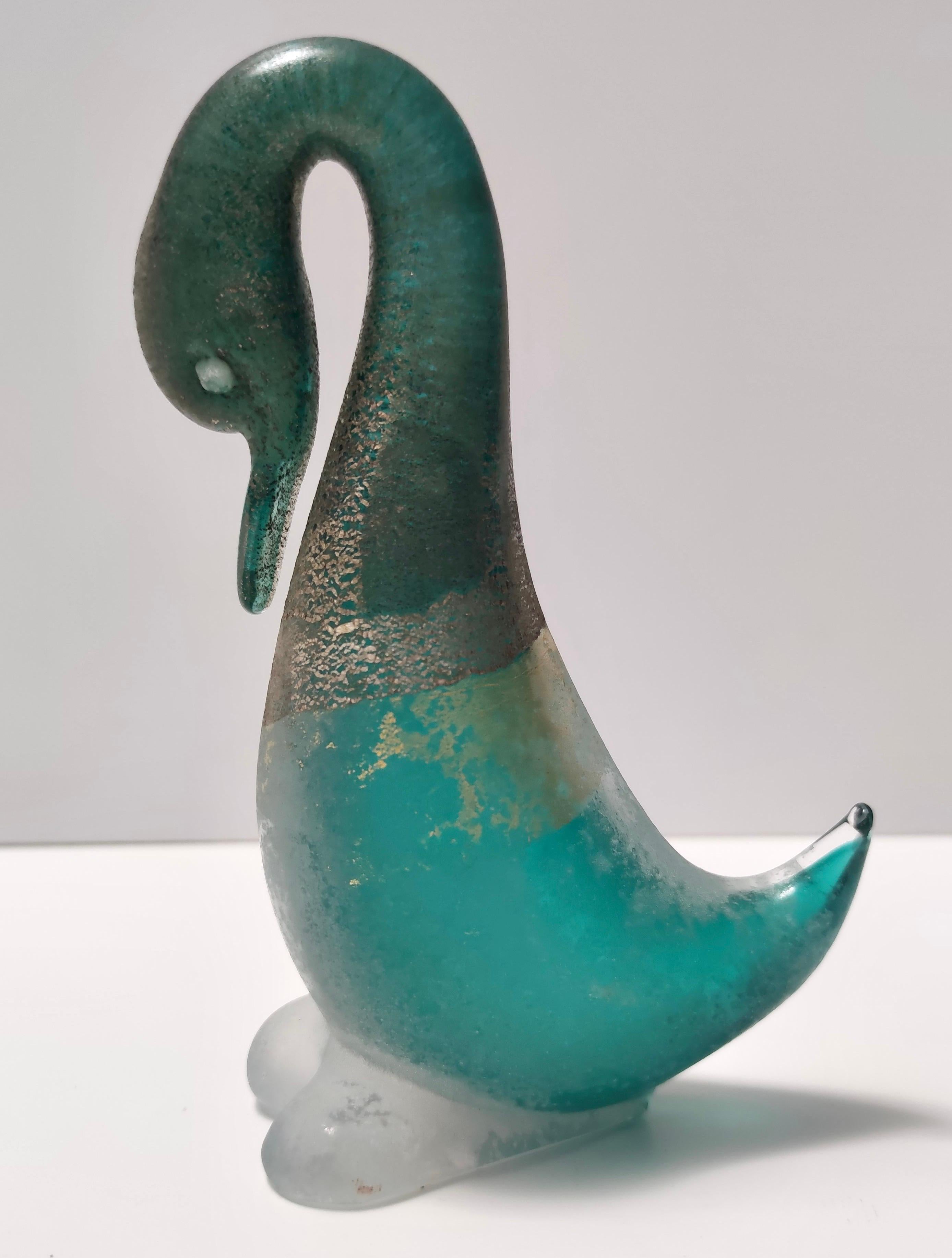 Italian Postmodern Teal Scavo Glass Decorative Duck by Cenedese with Gold Flakes, Italy