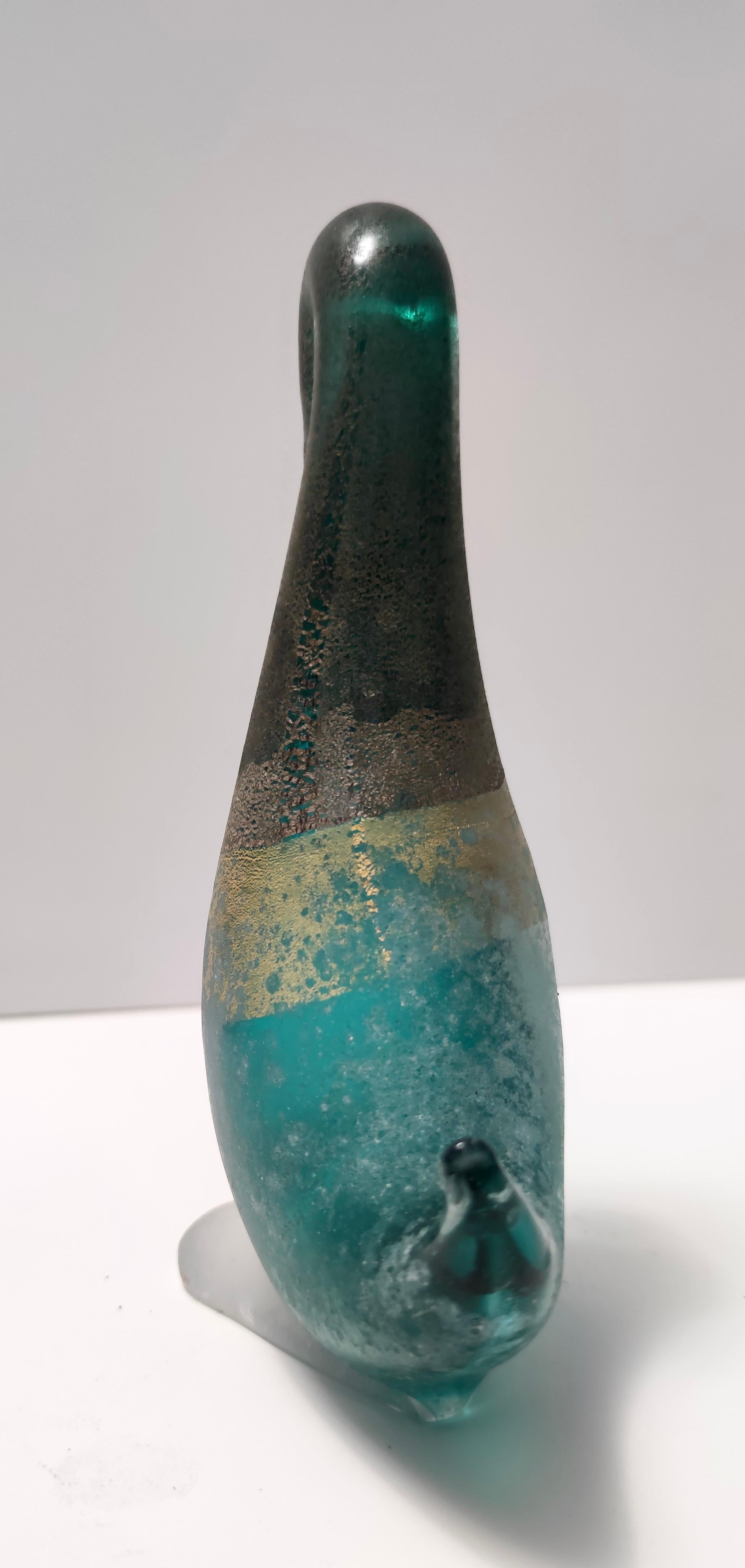 Late 20th Century Postmodern Teal Scavo Glass Decorative Duck by Cenedese with Gold Flakes, Italy