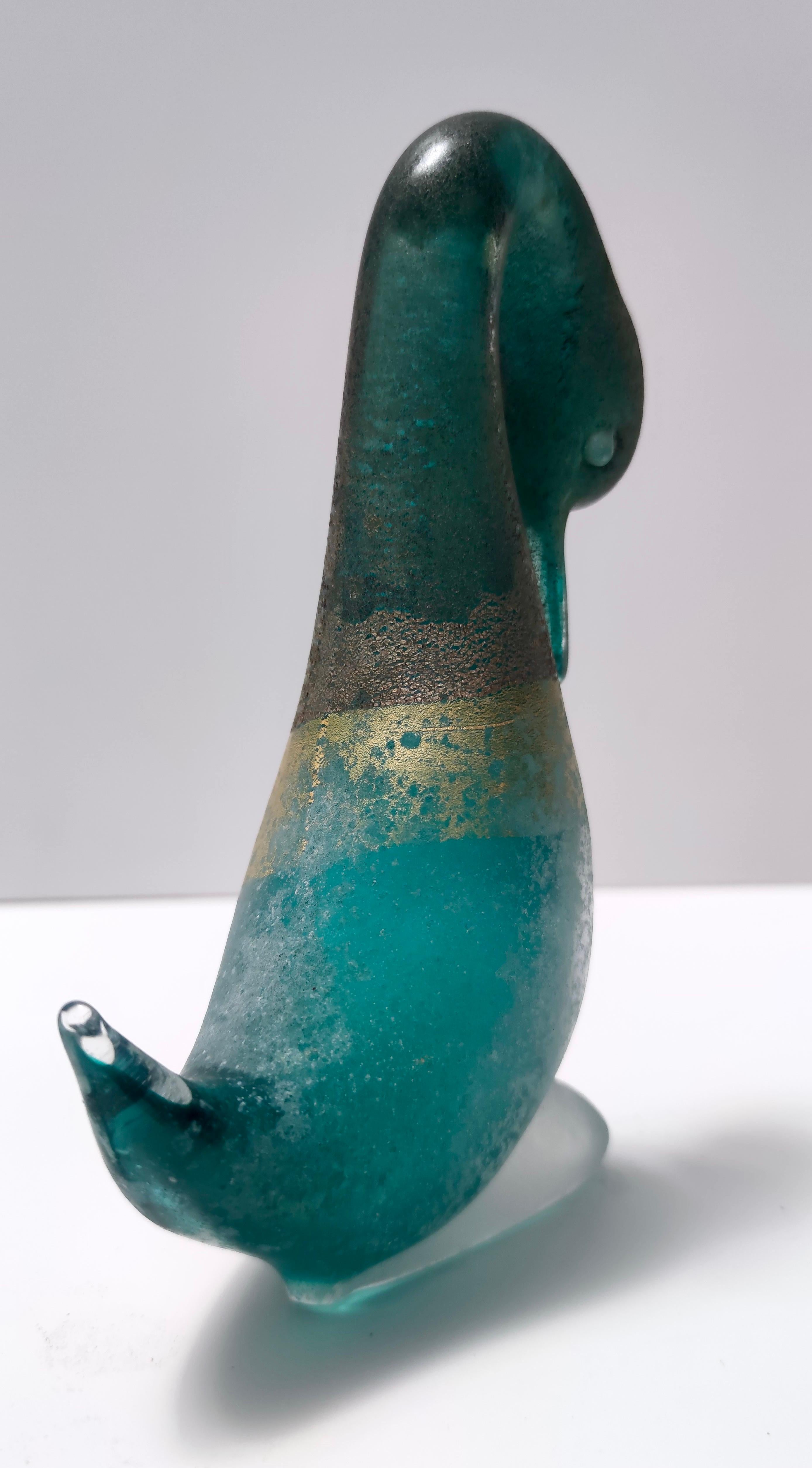 Gold Leaf Postmodern Teal Scavo Glass Decorative Duck by Cenedese with Gold Flakes, Italy