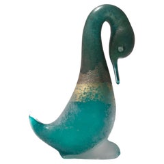 Postmodern Teal Scavo Glass Decorative Duck by Cenedese with Gold Flakes, Italy