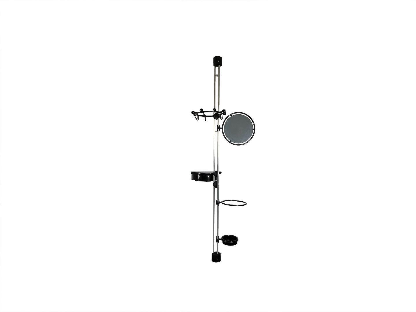 Postmodern telescopic coat stand. 

manufactured by Porada Arredi, around 1980.

A very unique and multifunctional coat hanger with umbrella stand, including a small desk with pivoting drawer, a mirror and coat hanger for up to seven jackets or