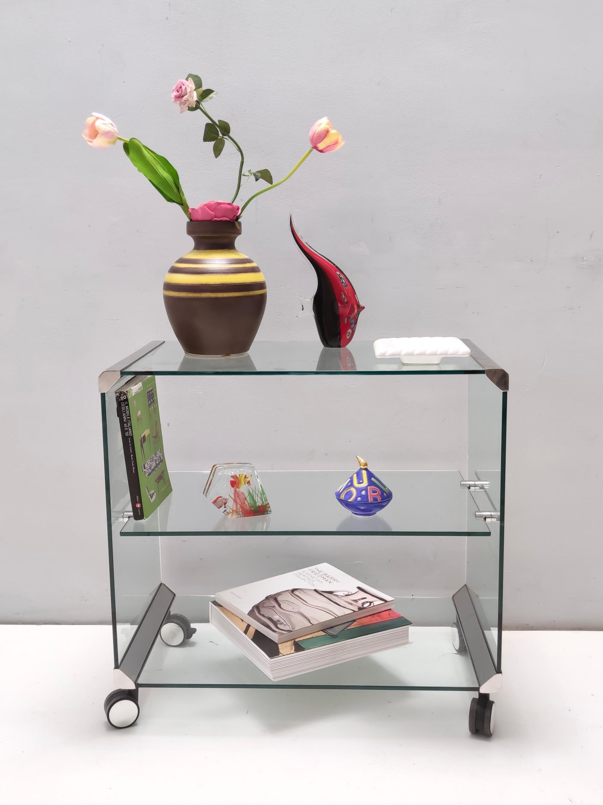 Late 20th Century Postmodern Tempered Glass and Steel Etagere by Gallotti & Radice with Casters For Sale
