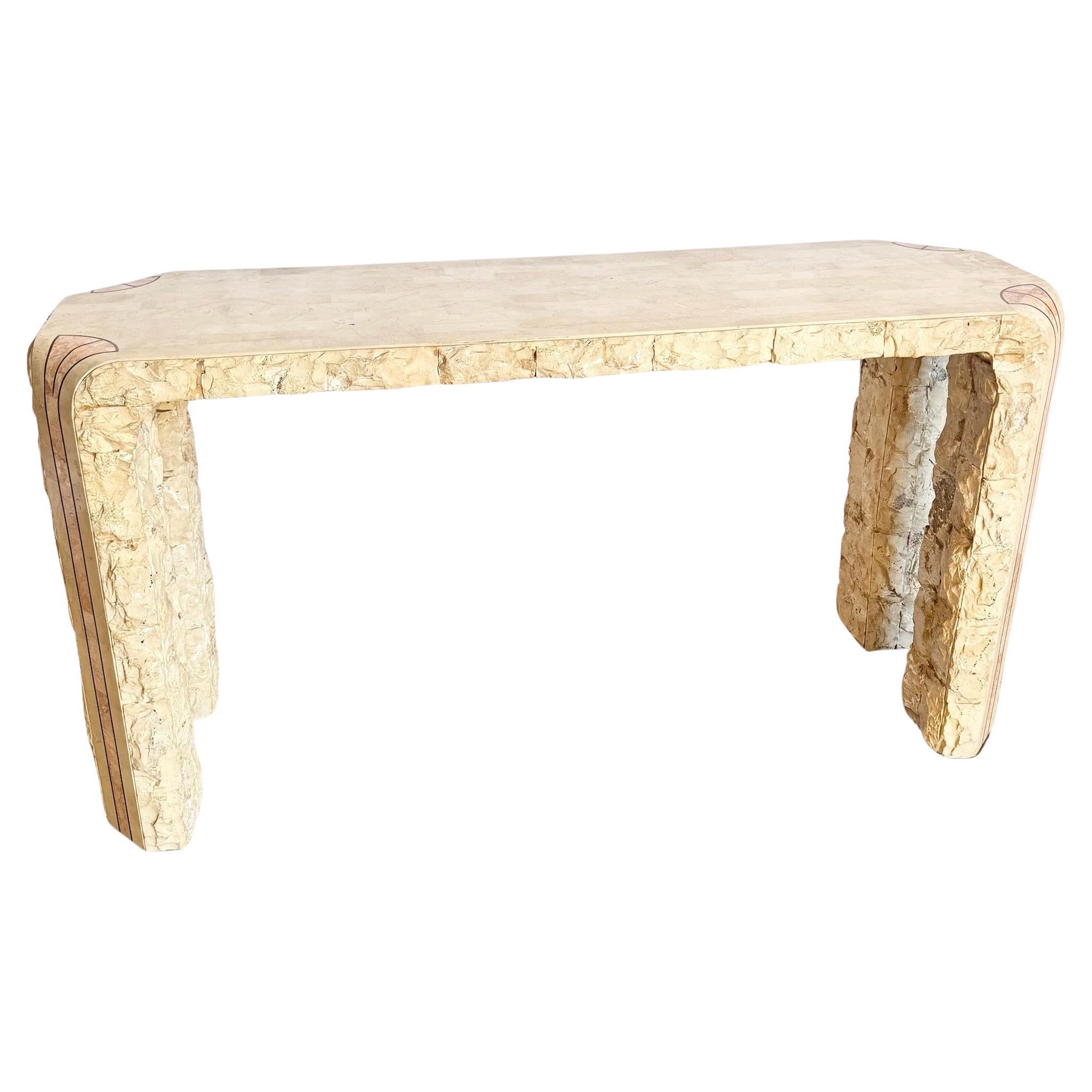 Postmodern Tessellated Beige and Pink Stone Console Table With Brass Inlay For Sale