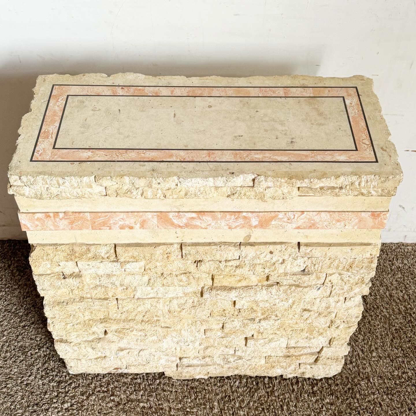 Philippine Postmodern Tessellated Being and Pink Stone Pedestal Console With Brass Inlay For Sale