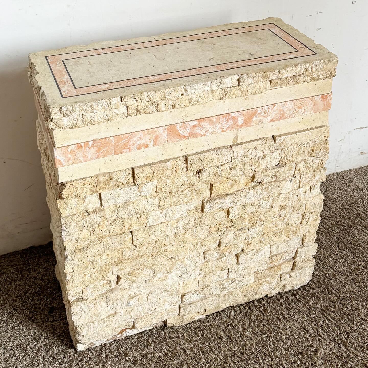 20th Century Postmodern Tessellated Being and Pink Stone Pedestal Console With Brass Inlay For Sale