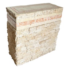 Postmodern Tessellated Being and Pink Stone Pedestal Console With Brass Inlay