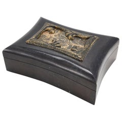 Postmodern Tessellated Black Stone Box with Snakeskin Stone Accent, 1990s