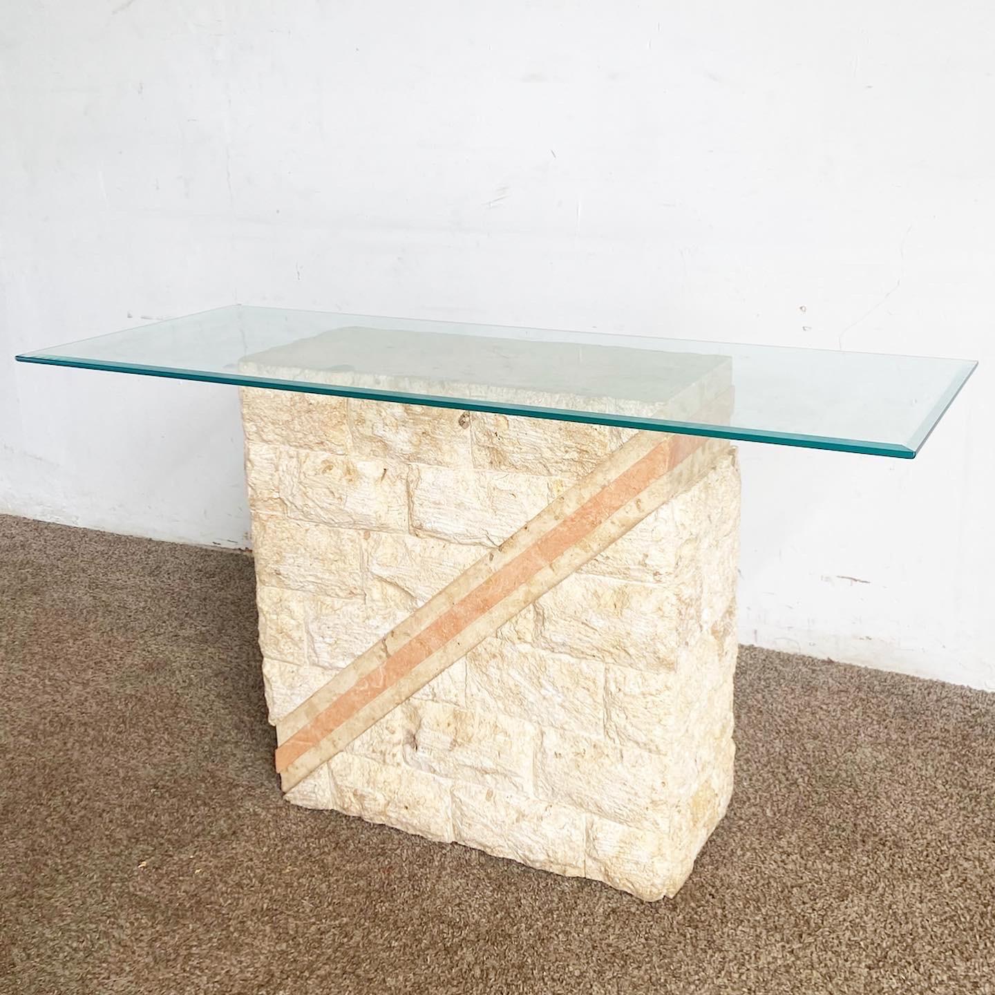 American Postmodern Tessellated Mactan Stone Console Table w/ Polished Pink Stone Accent For Sale