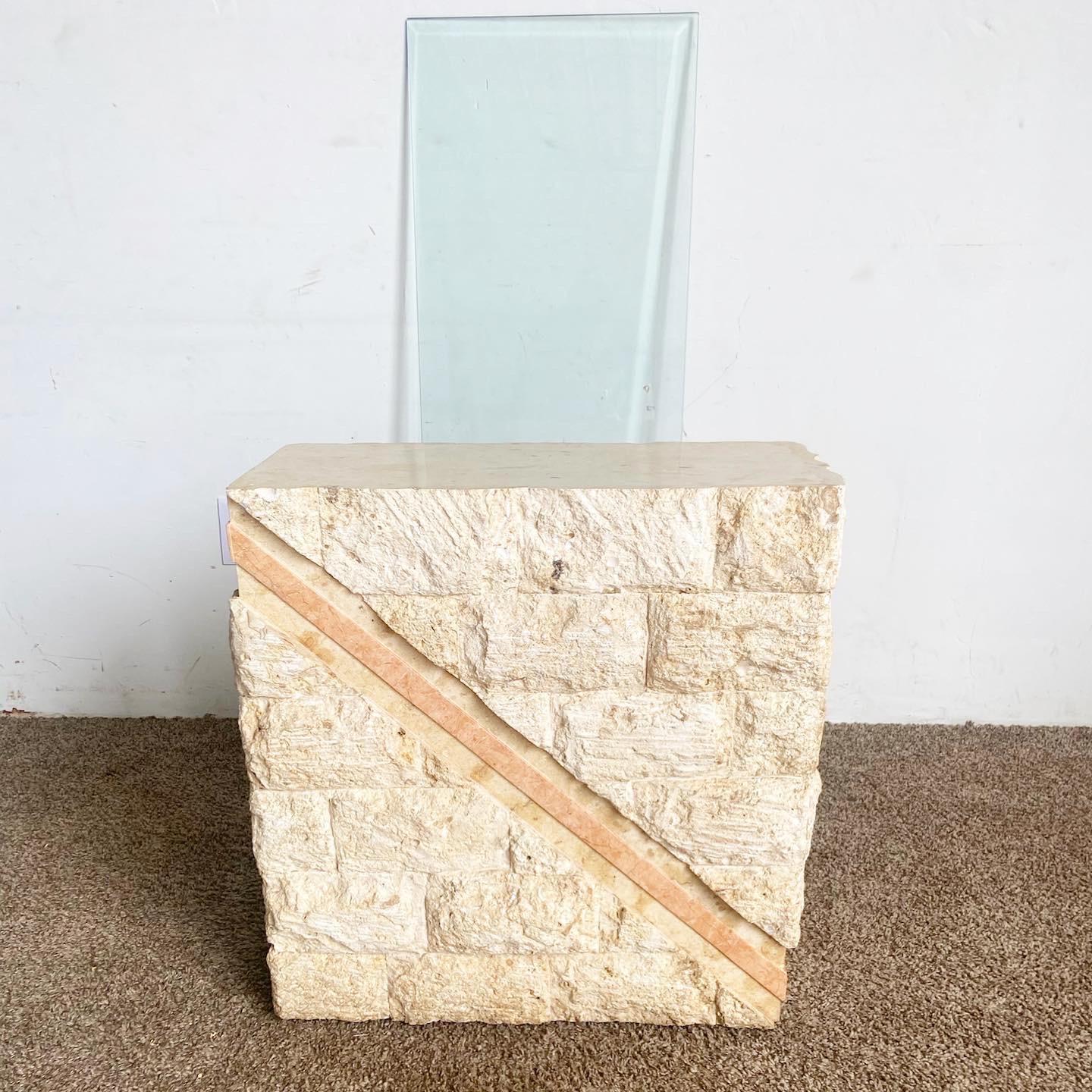 Glass Postmodern Tessellated Mactan Stone Console Table w/ Polished Pink Stone Accent For Sale