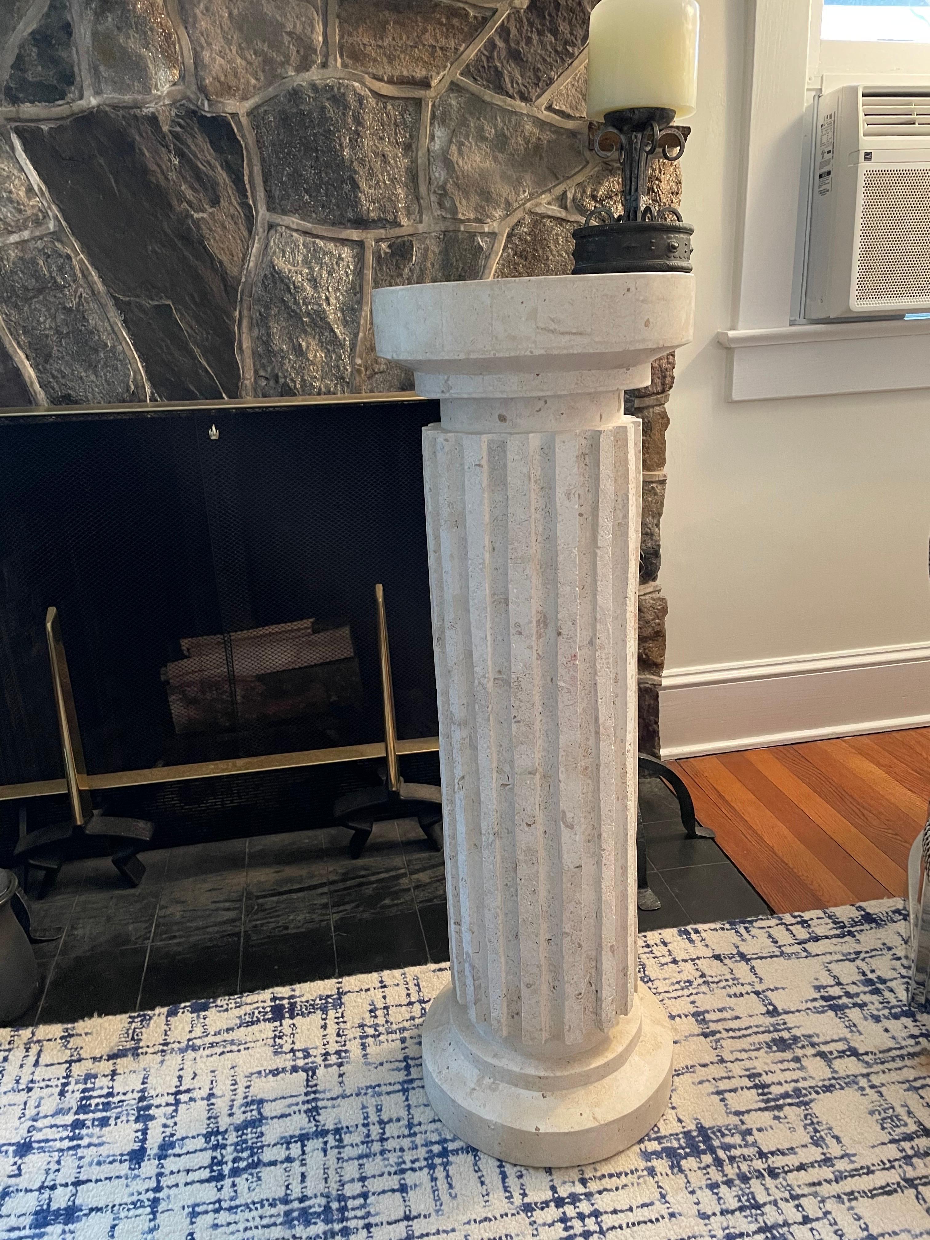 Timeless Fluted Column Doric Pedestal. Tessellated Travertine with smooth base and top. Rough fluted shaft with deep channels.