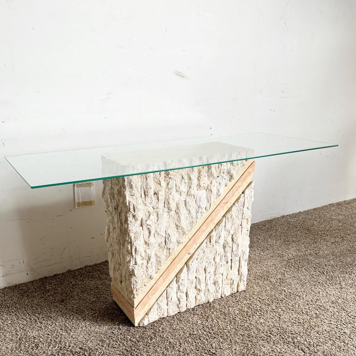 20th Century Postmodern Tessellated Pink and Beige Stone Glass Top Console Table For Sale