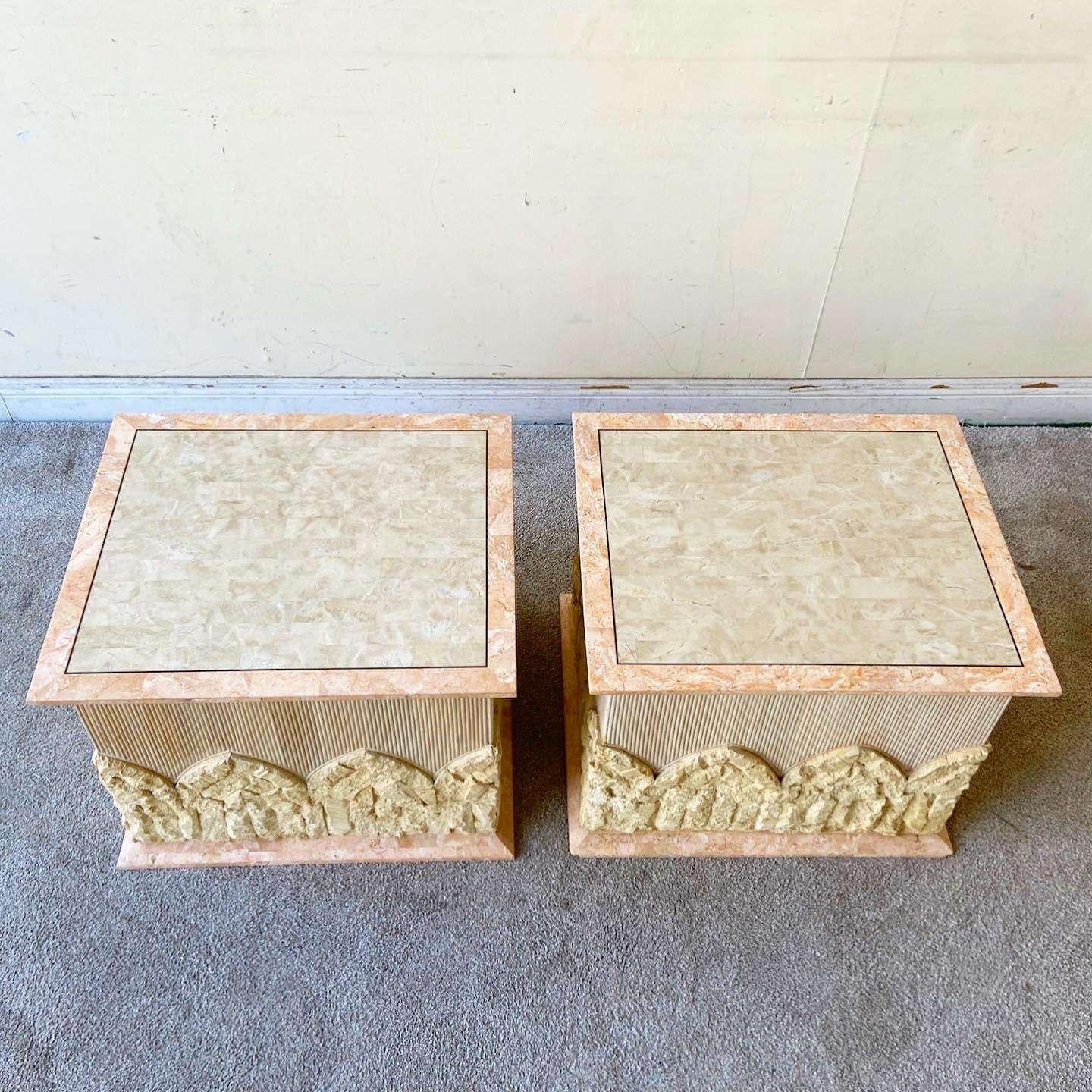 Post-Modern Postmodern Tessellated Pink and Beige Stone Pencil Reed Side Tables - a Pair