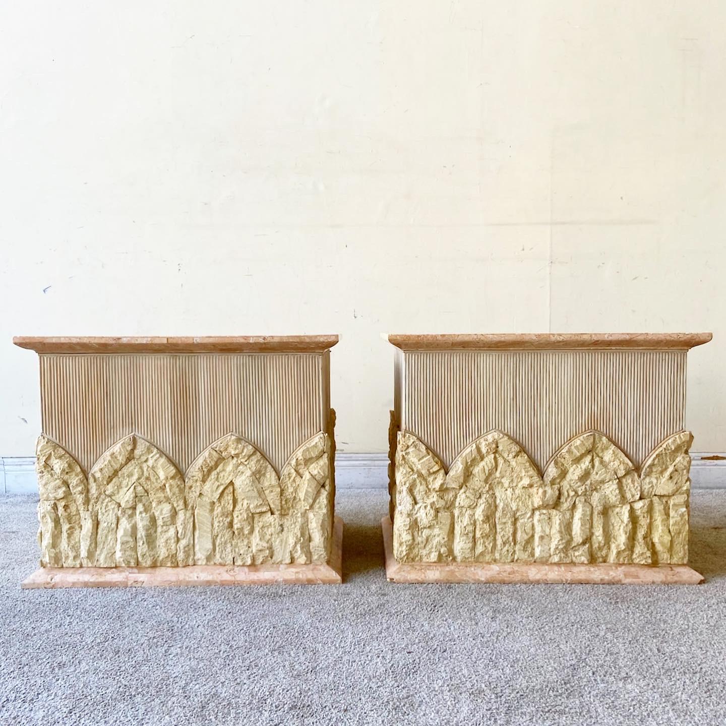 Bohemian Postmodern Tessellated Pink and Beige Stone Pencil Reed Side Tables, a Pair For Sale