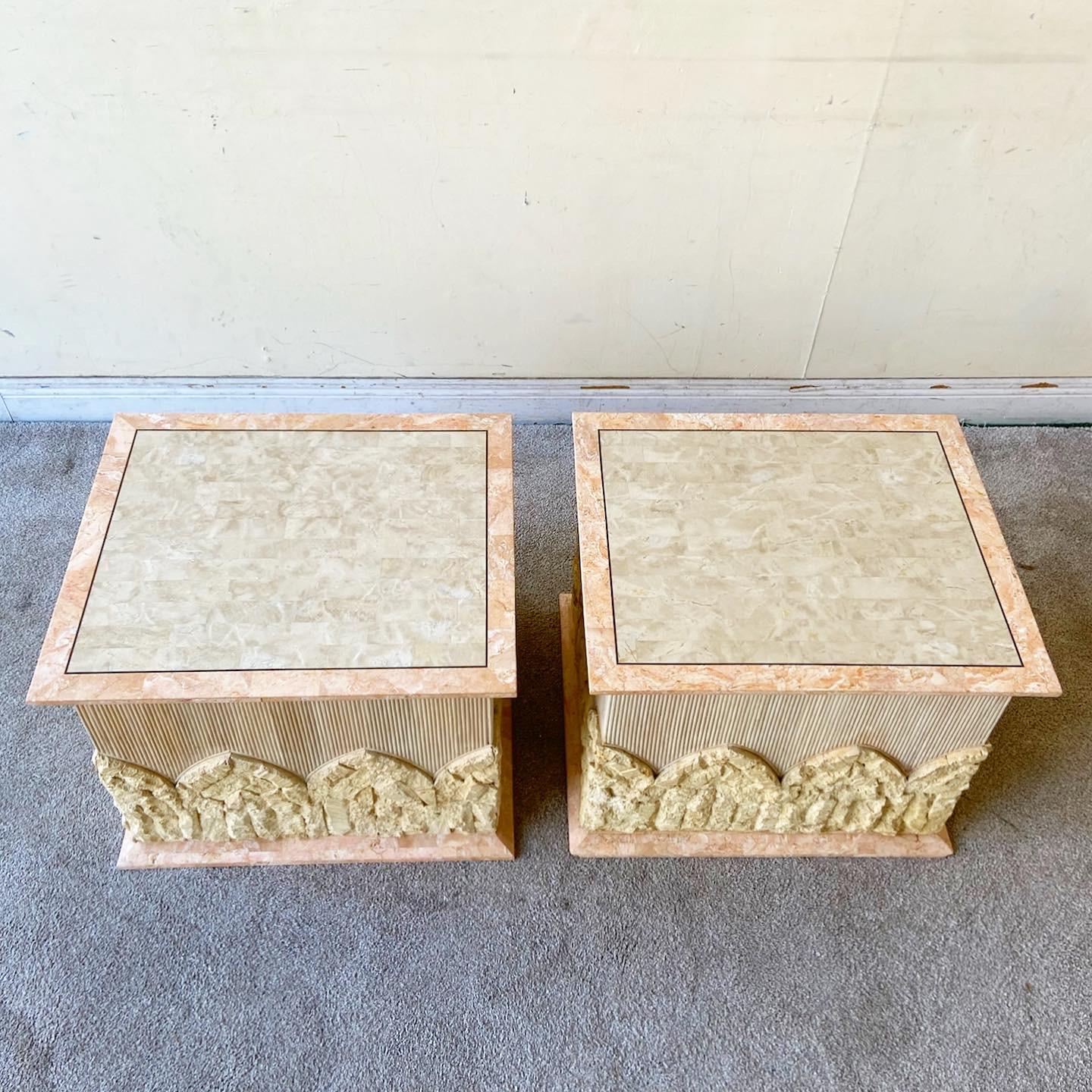 Philippine Postmodern Tessellated Pink and Beige Stone Pencil Reed Side Tables, a Pair For Sale