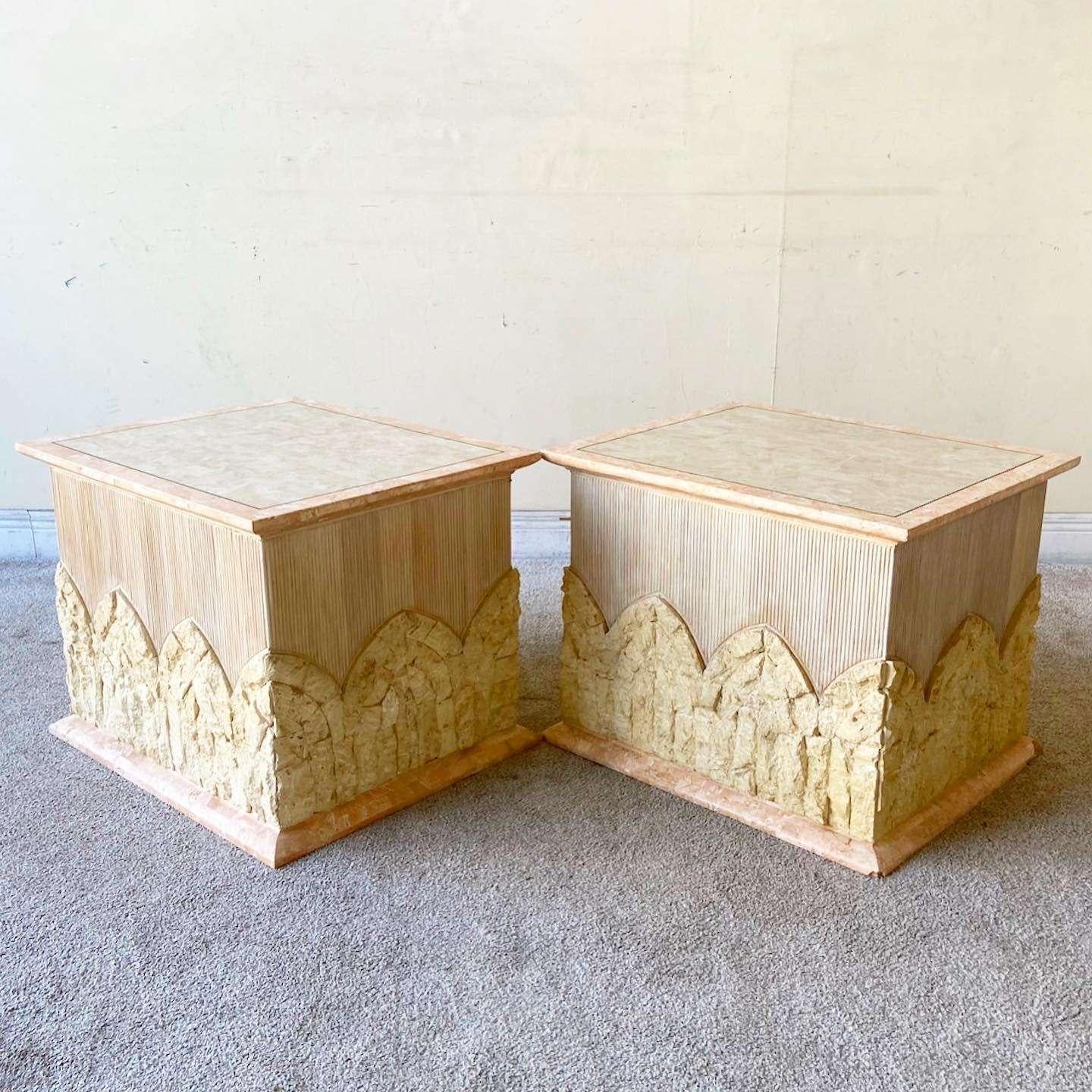 Late 20th Century Postmodern Tessellated Pink and Beige Stone Pencil Reed Side Tables - a Pair