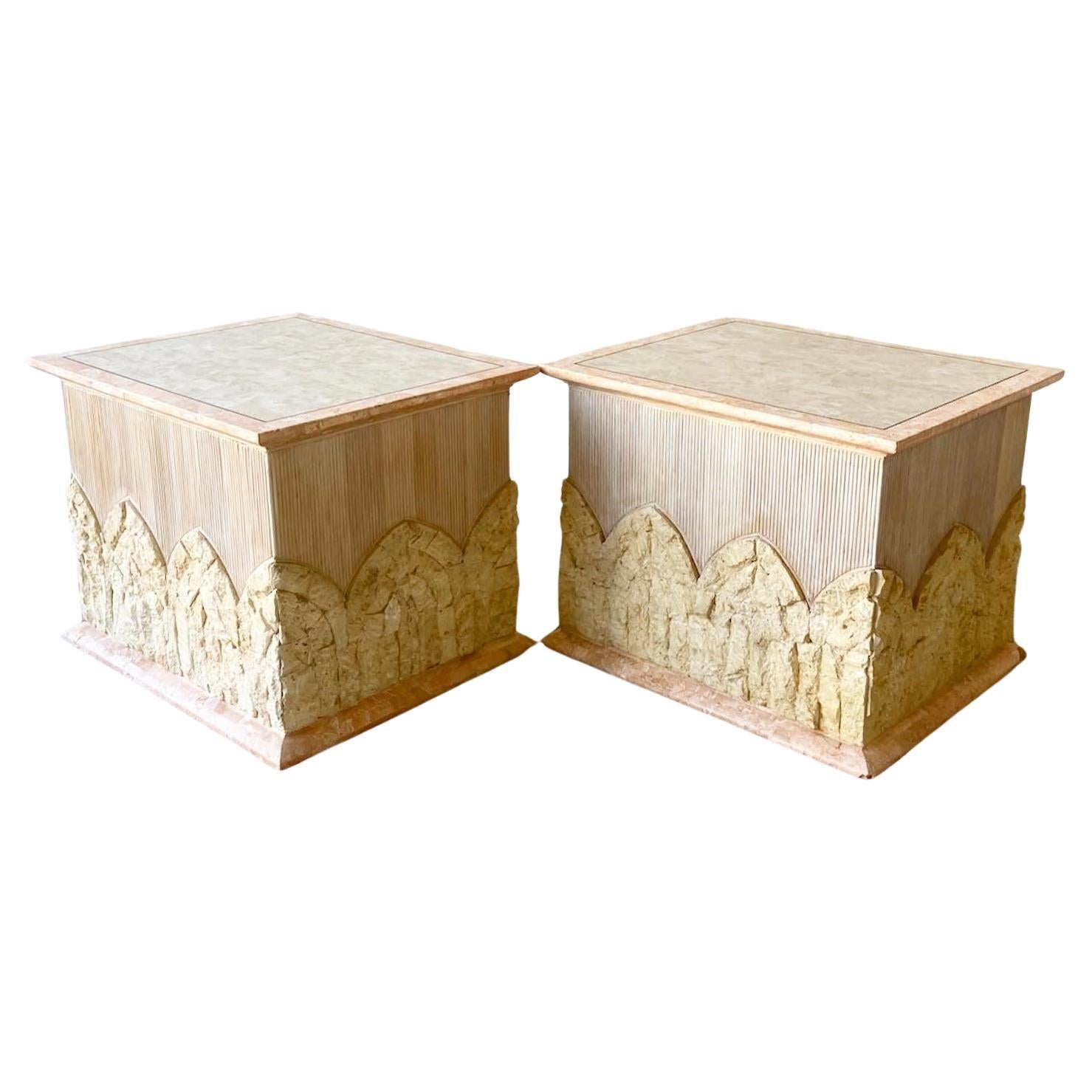 Postmodern Tessellated Pink and Beige Stone Pencil Reed Side Tables, a Pair For Sale