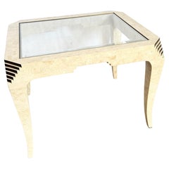 Postmodern Tessellated Stone and Brass Glass Top Side Table