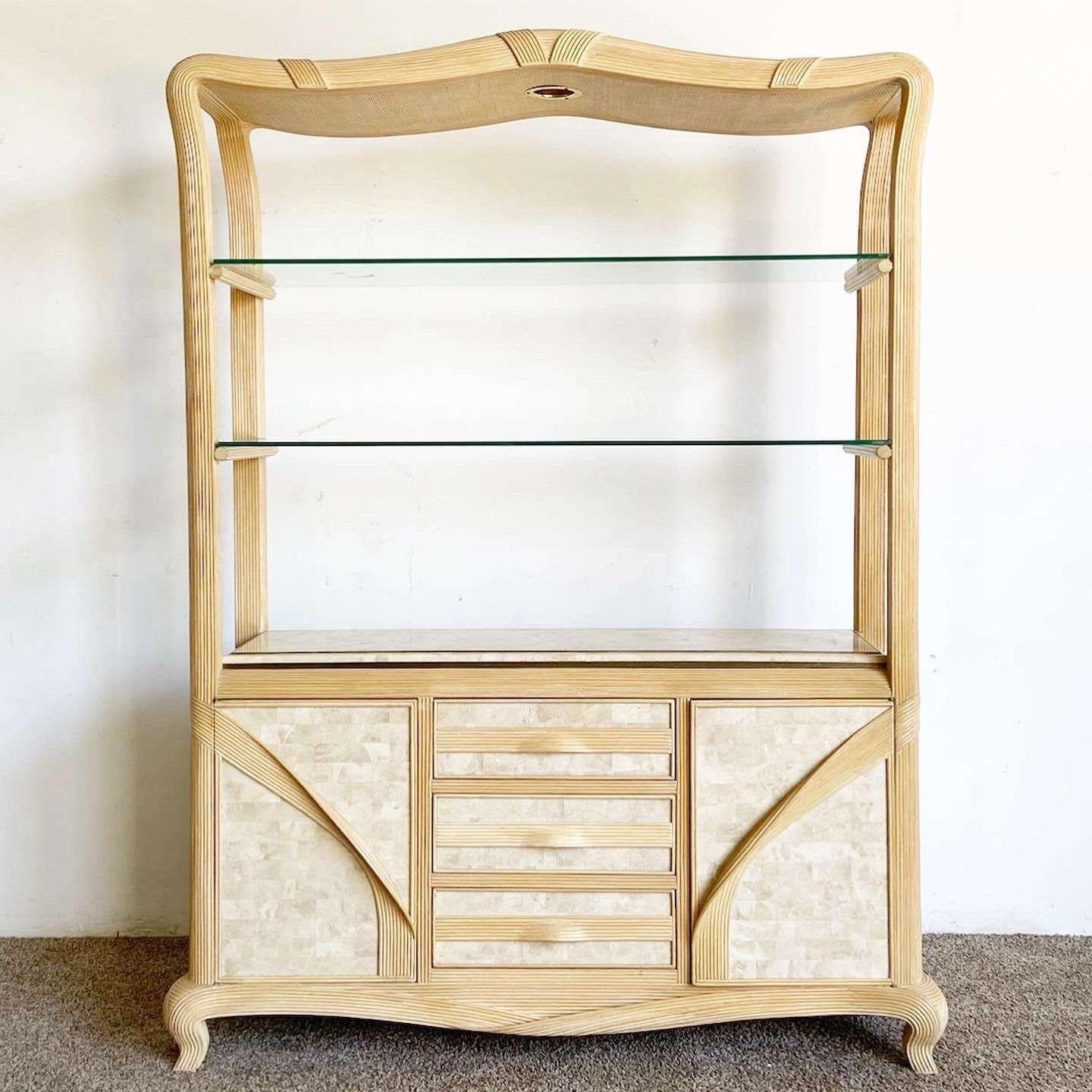 Exceptional vintage postmodern Etagere. Features a pencil reed ribbon frame with tessellated stone throughout the surfaces.