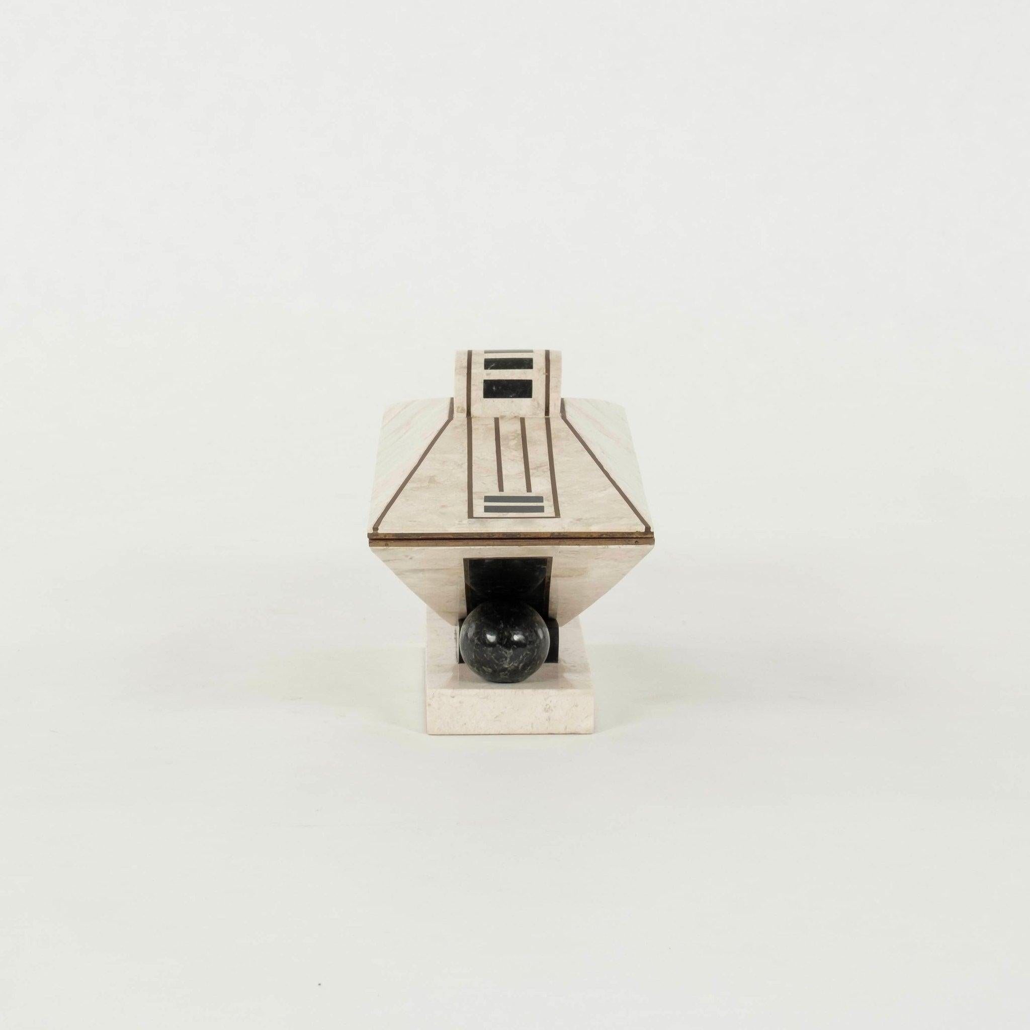 Late 20th Century Postmodern tessellated travertine and black marble box with brass inlay and brown cloth interior lining.
