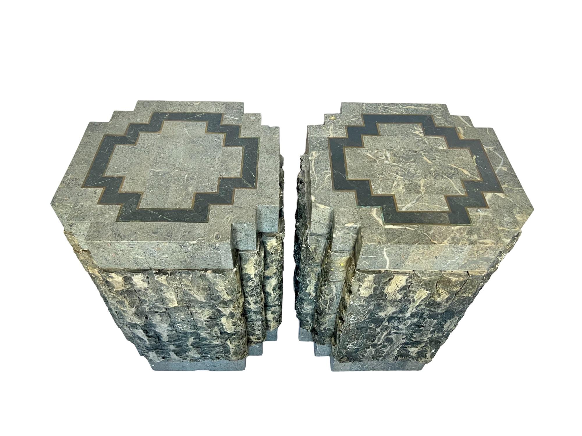 Post-Modern Postmodern Tessellated Stone Brass Inlay Pedestal Tables, a Pair