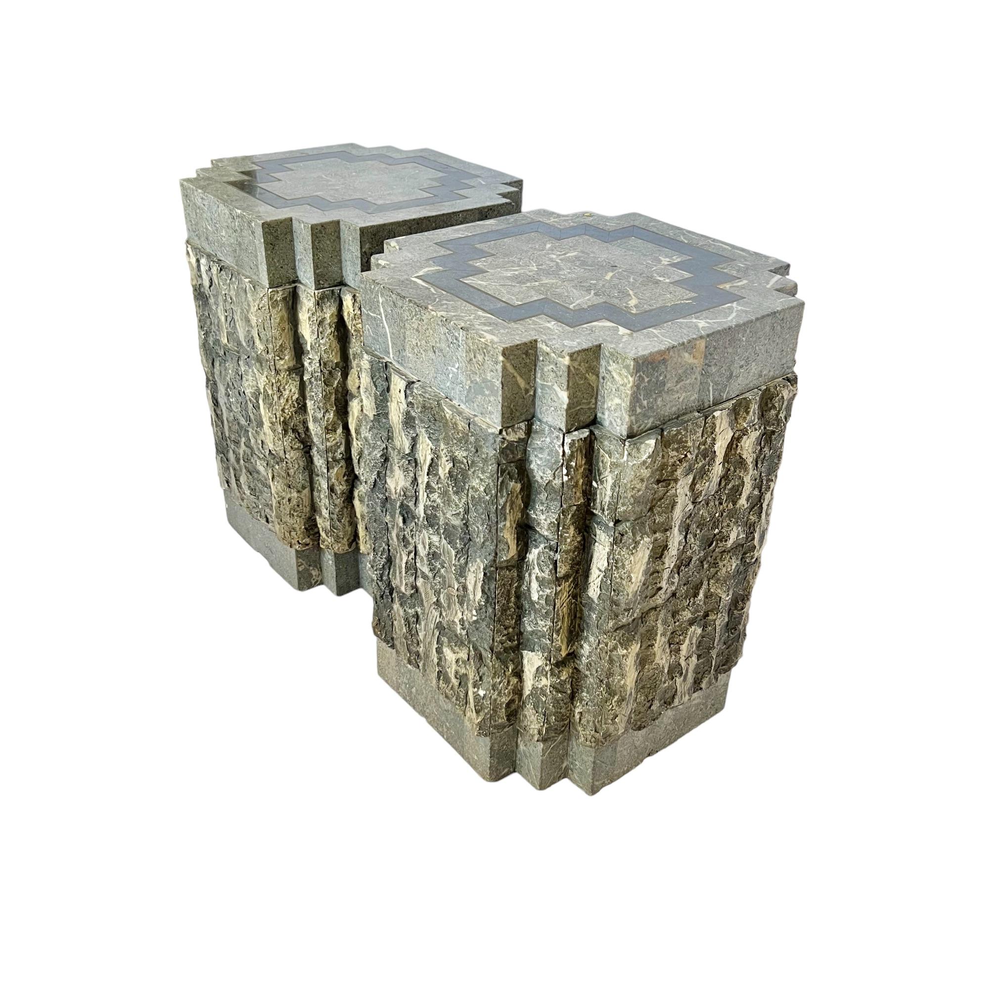 Postmodern Tessellated Stone Brass Inlay Pedestal Tables, a Pair In Good Condition In Harlingen, TX