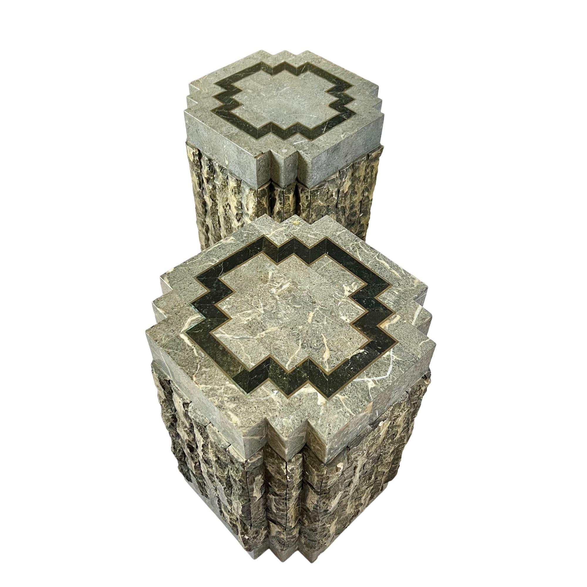 Postmodern Tessellated Stone Brass Inlay Pedestal Tables, a Pair 1