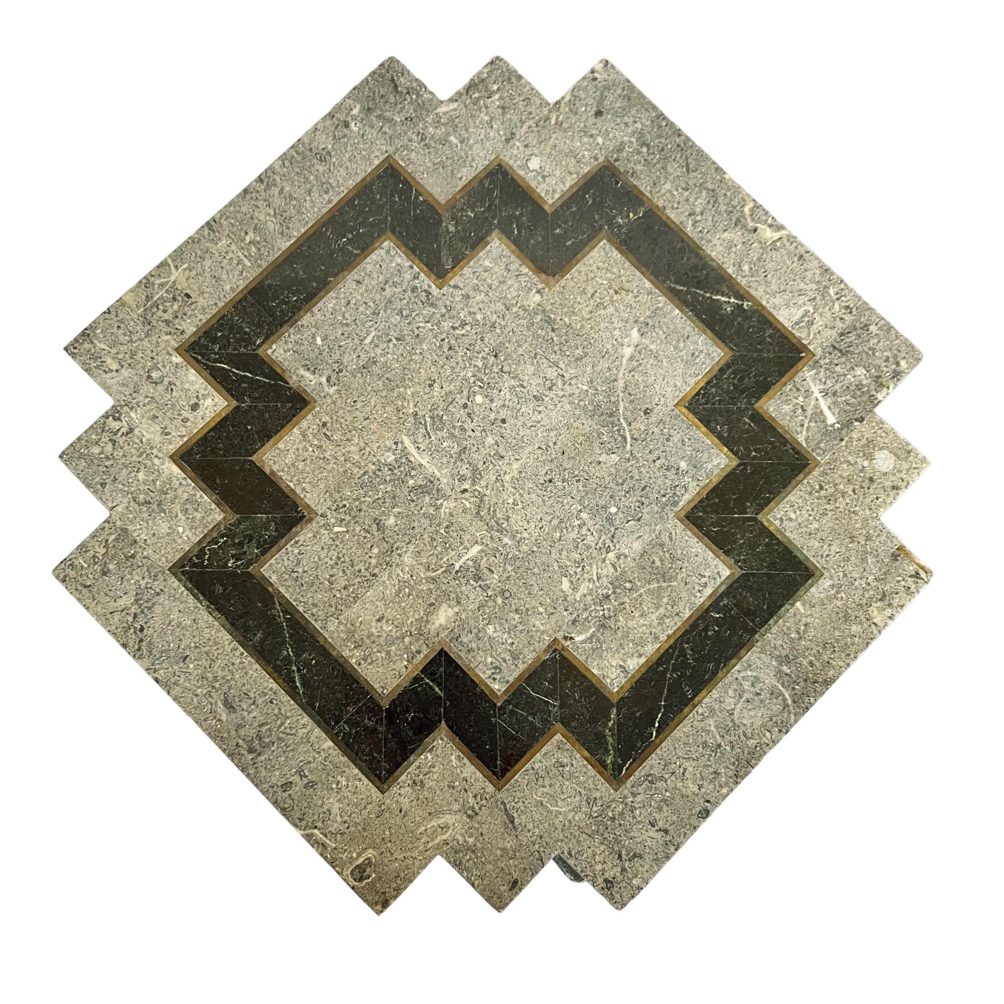 Postmodern Tessellated Stone Brass Inlay Pedestal Tables, a Pair 2