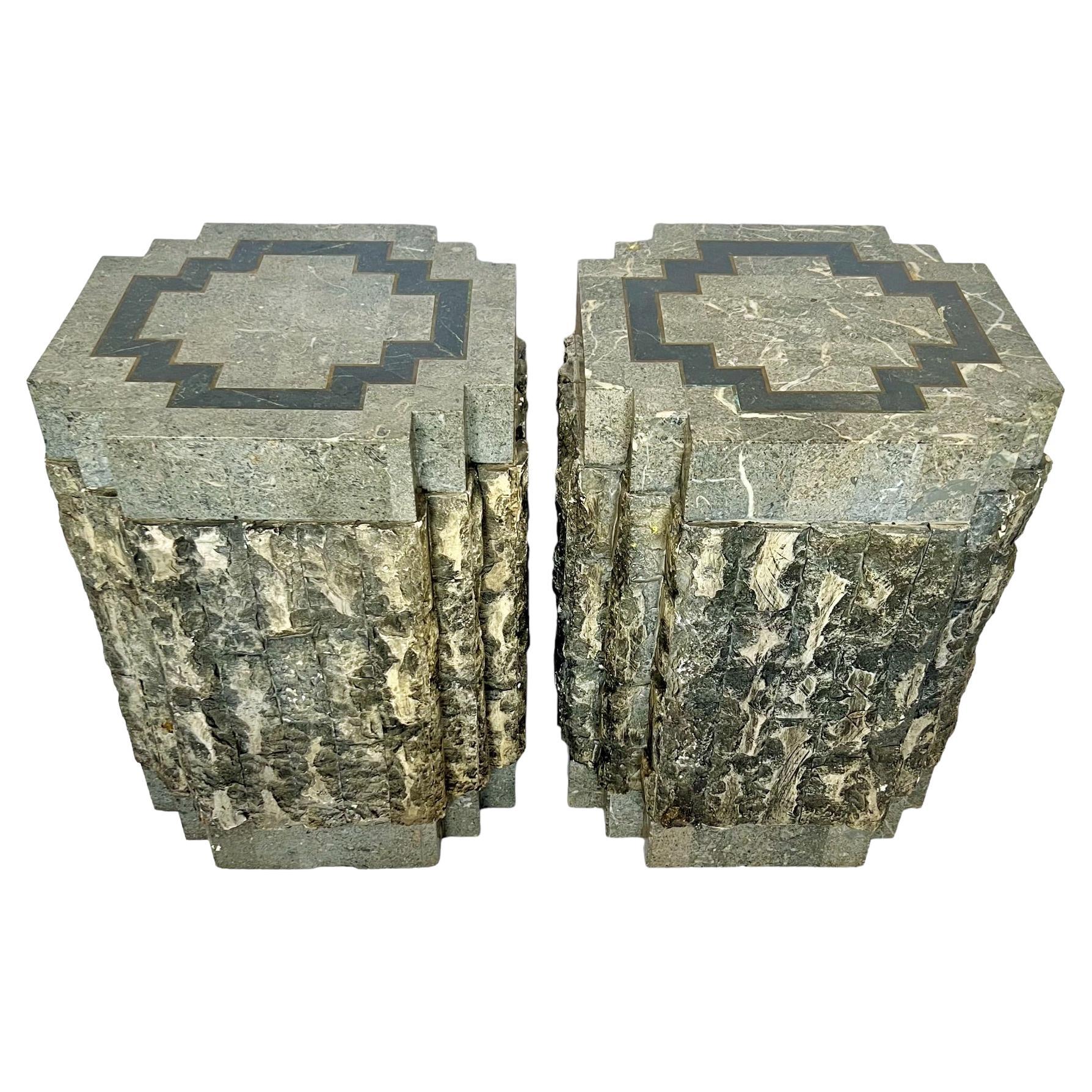 Postmodern Tessellated Stone Brass Inlay Pedestal Tables, a Pair