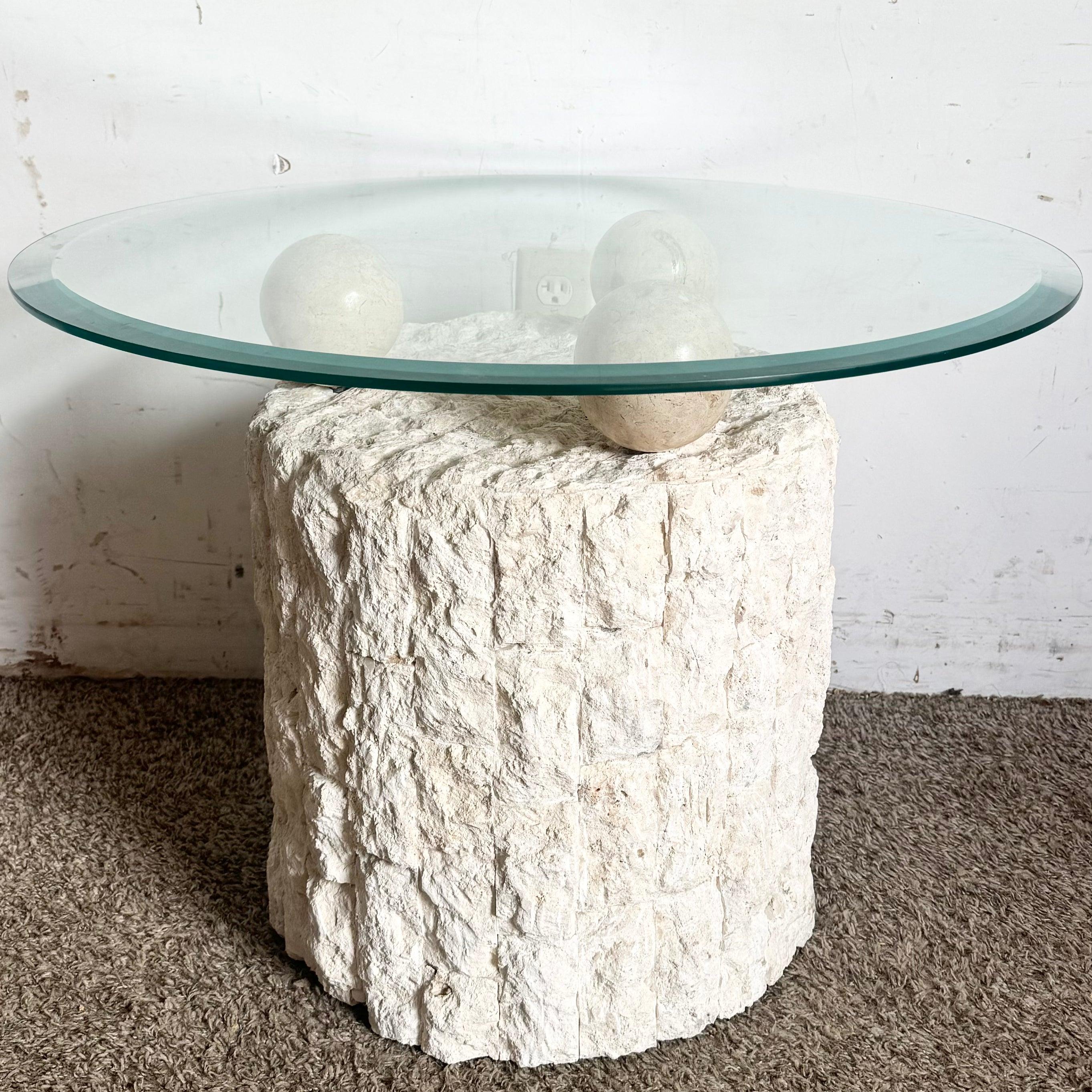 Postmodern Tessellated Stone Beveled Glass Side Table with circular design, perfect for adding texture and elegance to modern interiors.
 
 One small chip on the edge on the glass as shown in the photos. We sell all items in the condition we acquire