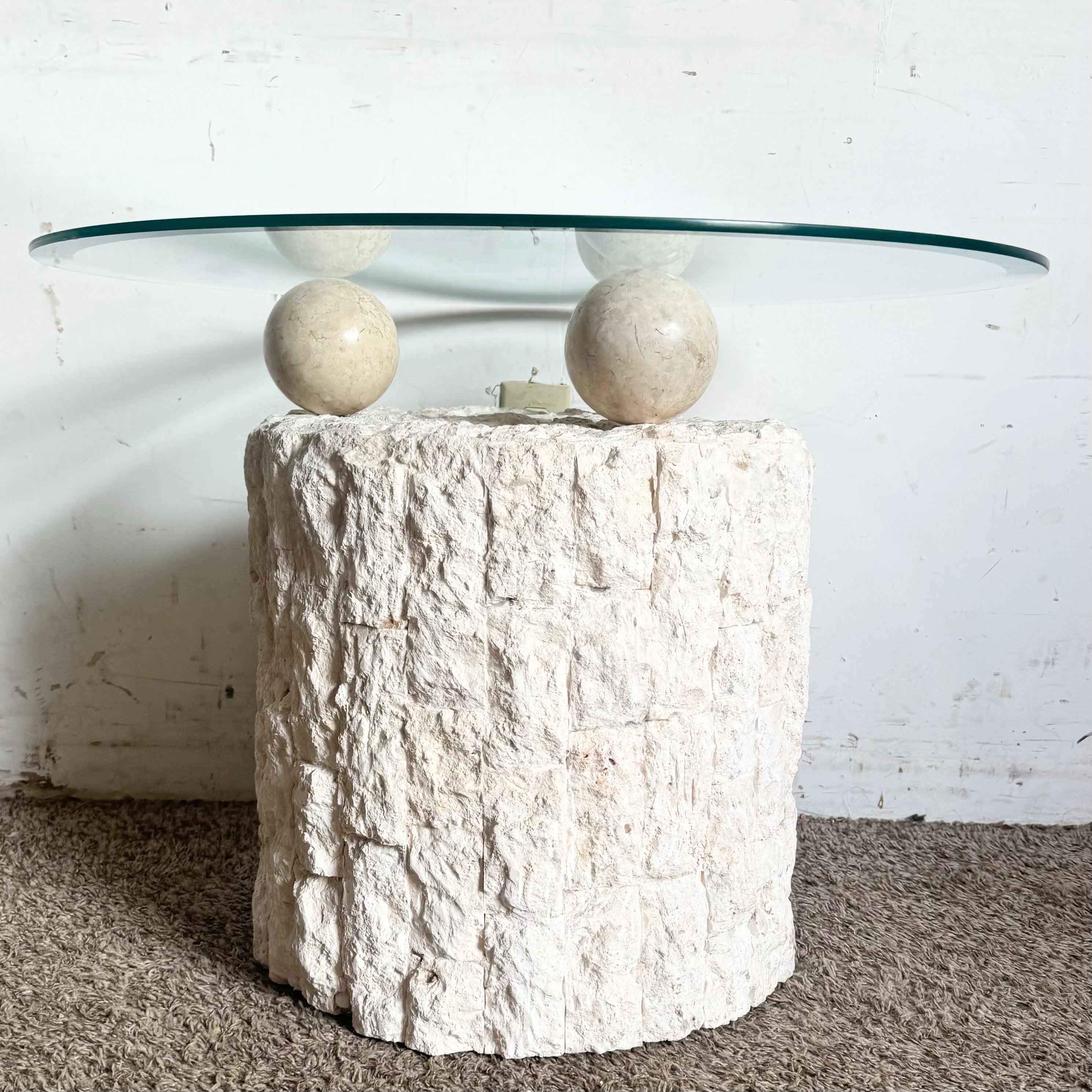 Philippine Postmodern Tessellated Stone Circular Beveled Glass Top Side Table For Sale