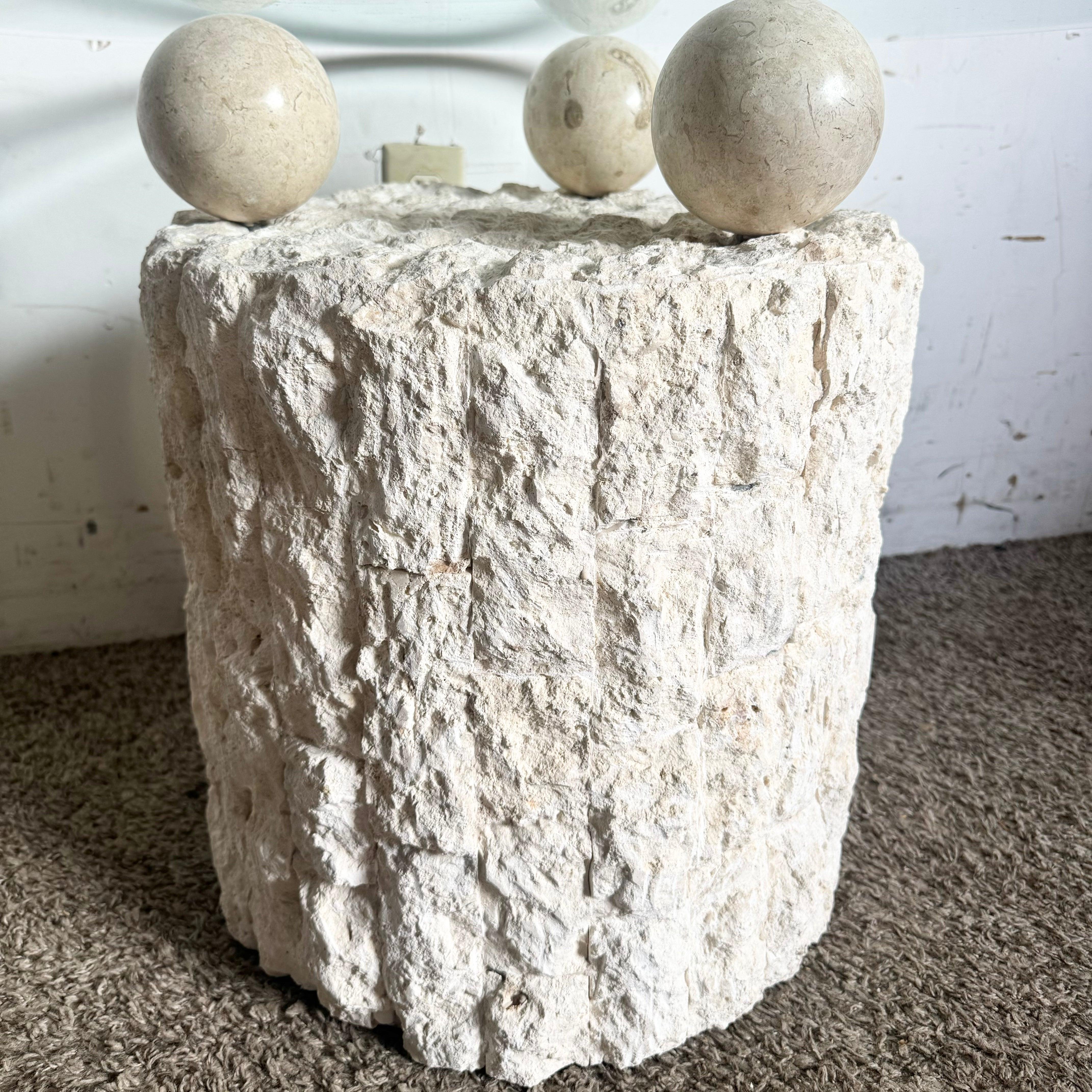 Late 20th Century Postmodern Tessellated Stone Circular Beveled Glass Top Side Table For Sale