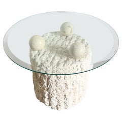 Postmodern Tessellated Stone Circular Beveled Glass Top Side Table