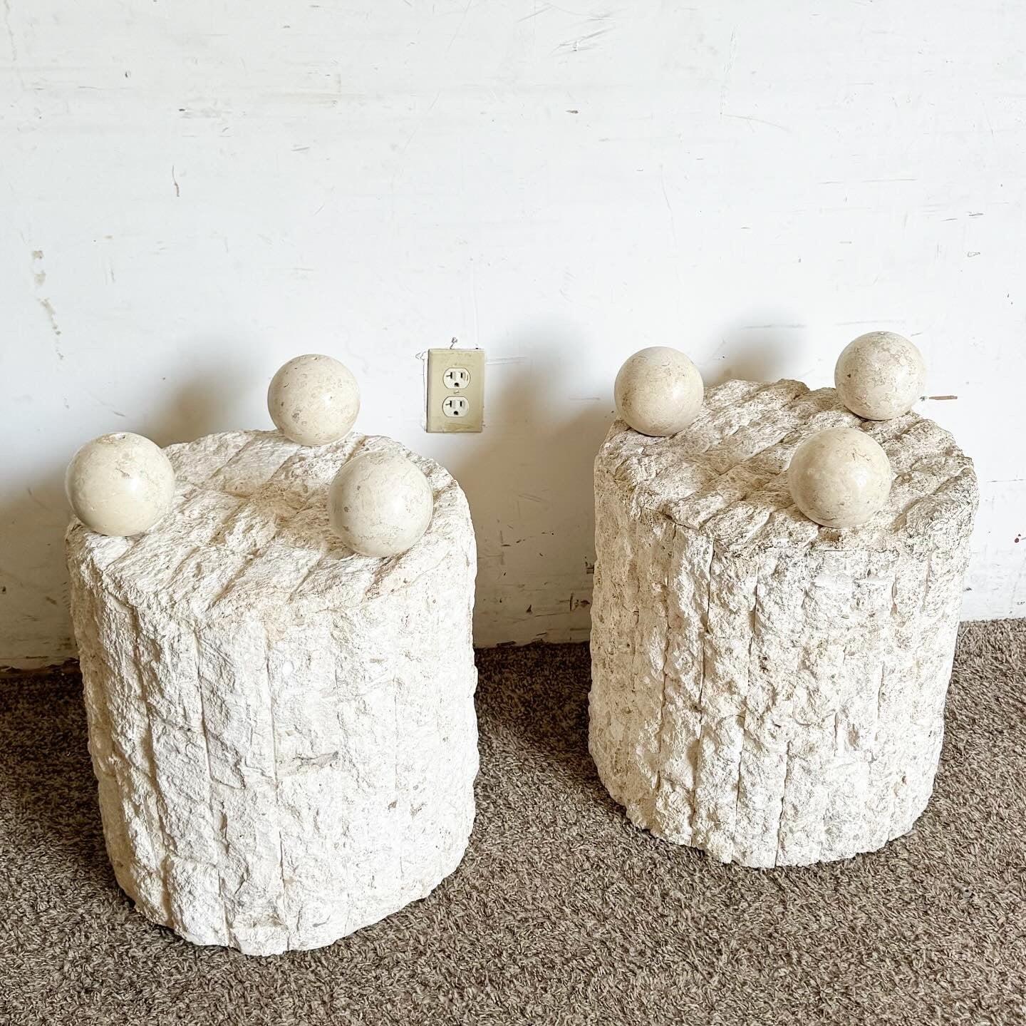 Elevate your living space with Postmodern Tessellated Stone Tables. Featuring unique stone designs and a circular shape, these tables add texture and depth. Perfect as individual accents or grouped together, they bring modern sophistication to any