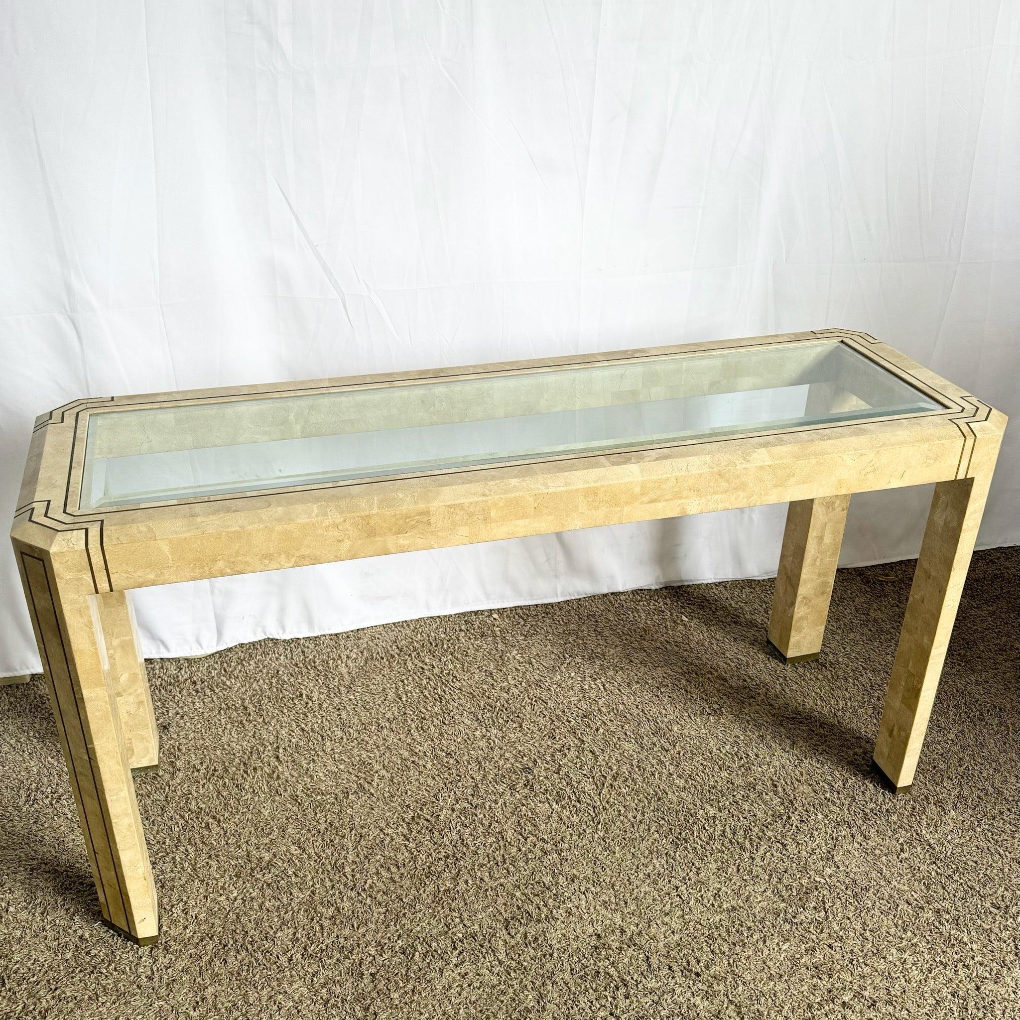 Postmodern Tessellated Stone Console Table With Brass and Glass Inlay For Sale 5