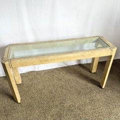Postmodern Tessellated Stone Console Table With Brass and Glass Inlay