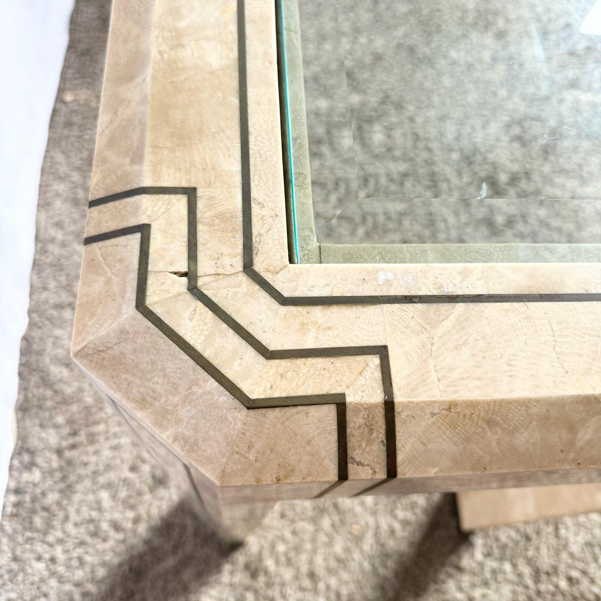 Postmodern Tessellated Stone Console Table With Brass and Glass Inlay In Good Condition For Sale In Delray Beach, FL