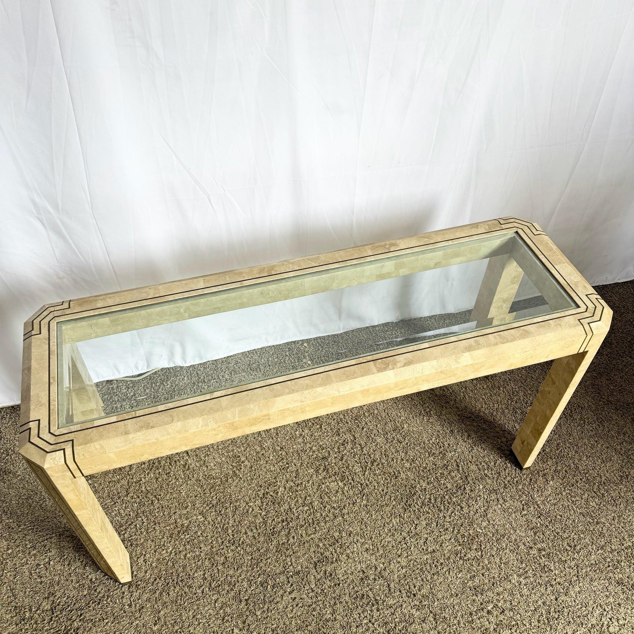 Late 20th Century Postmodern Tessellated Stone Console Table With Brass and Glass Inlay For Sale